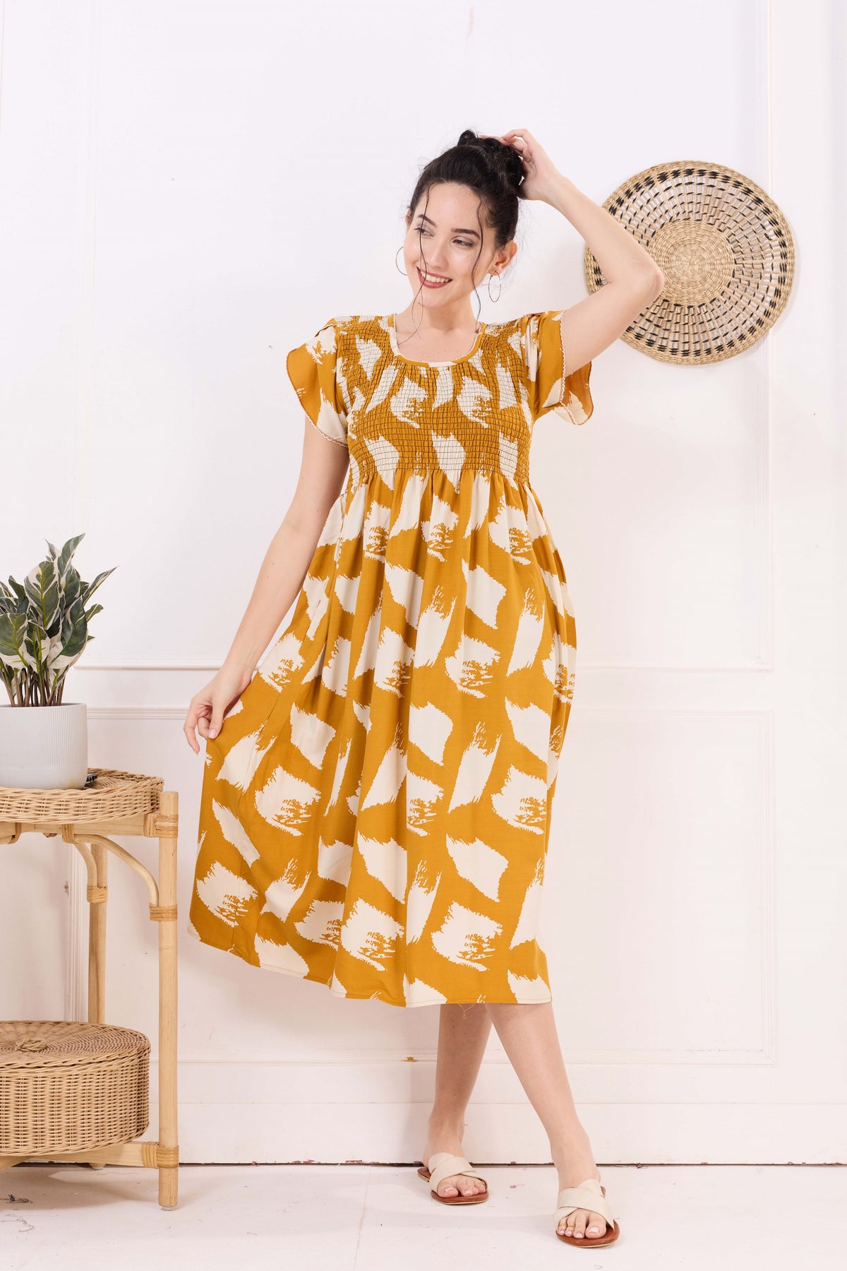 MANGAI Premium Rayon MAXI Frock Smocking Night Gown | Stretchable & Comfort Fit | Fancy Pleated Style with Side Pocket | Round Neck Nightwear for Stylish Women (SRM)