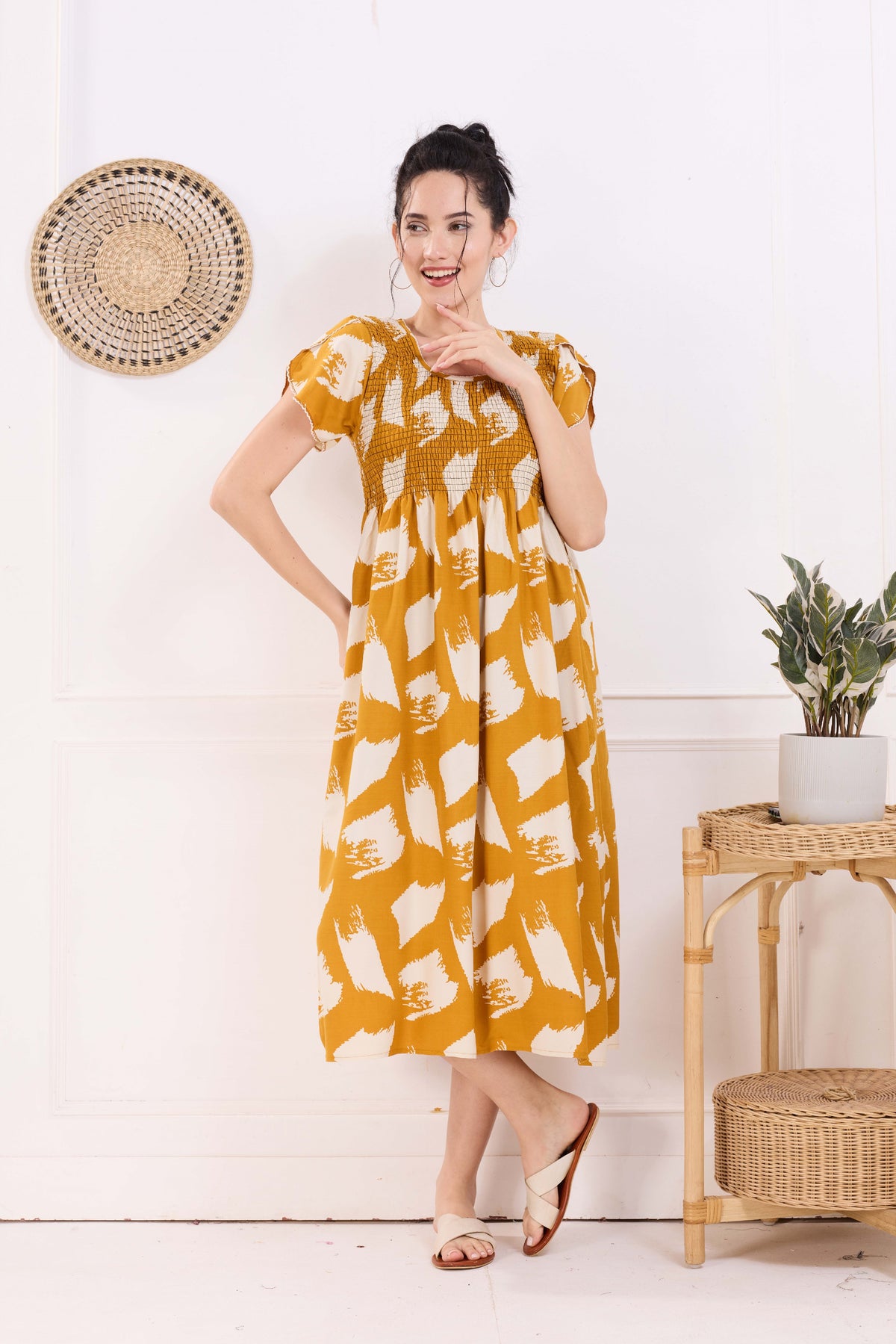 MANGAI Premium Rayon MAXI Frock Smocking Night Gown | Stretchable & Comfort Fit | Fancy Pleated Style with Side Pocket | Round Neck Nightwear for Stylish Women (SRM)