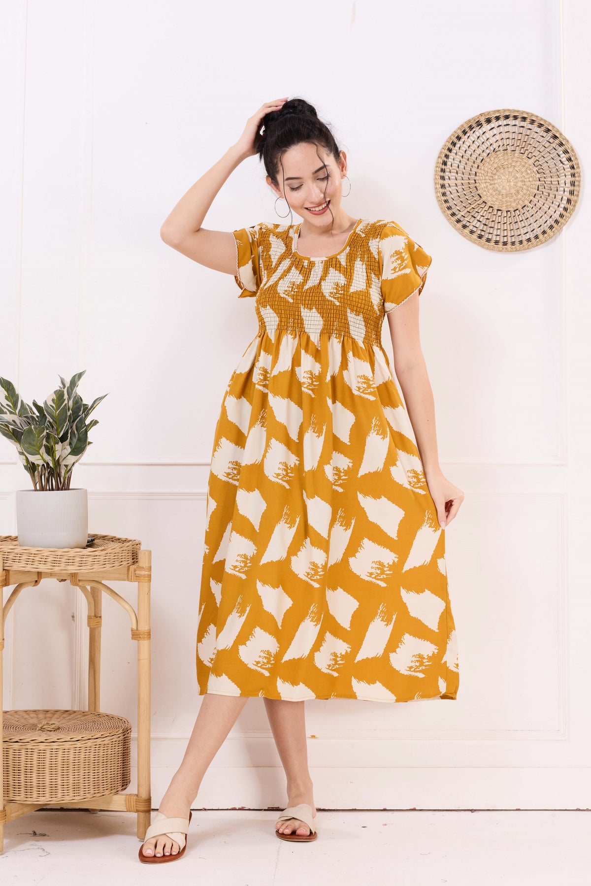 MANGAI Premium Rayon MAXI Frock Smocking Night Gown | Stretchable & Comfort Fit | Fancy Pleated Style with Side Pocket | Round Neck Nightwear for Stylish Women (SRM)