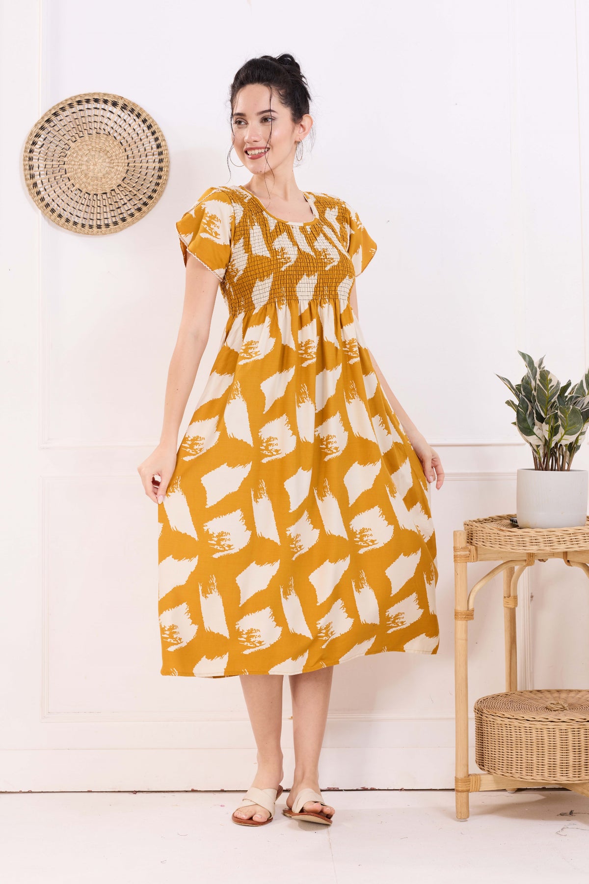 MANGAI Premium Rayon MAXI Frock Smocking Night Gown | Stretchable & Comfort Fit | Fancy Pleated Style with Side Pocket | Round Neck Nightwear for Stylish Women (SRM)