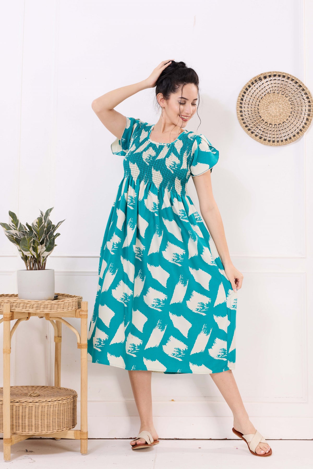 MANGAI Premium Rayon MAXI Frock Smocking Night Gown | Stretchable & Comfort Fit | Fancy Pleated Style with Side Pocket | Round Neck Nightwear for Stylish Women (SRM)