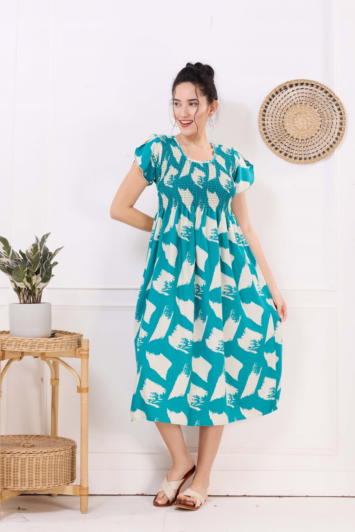 MANGAI Premium Rayon MAXI Frock Smocking Night Gown | Stretchable & Comfort Fit | Fancy Pleated Style with Side Pocket | Round Neck Nightwear for Stylish Women (SRM)