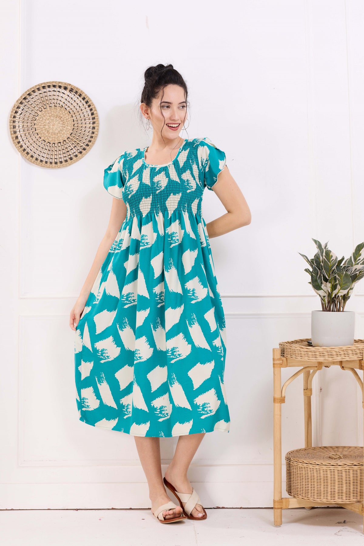 MANGAI Premium Rayon MAXI Frock Smocking Night Gown | Stretchable & Comfort Fit | Fancy Pleated Style with Side Pocket | Round Neck Nightwear for Stylish Women (SRM)