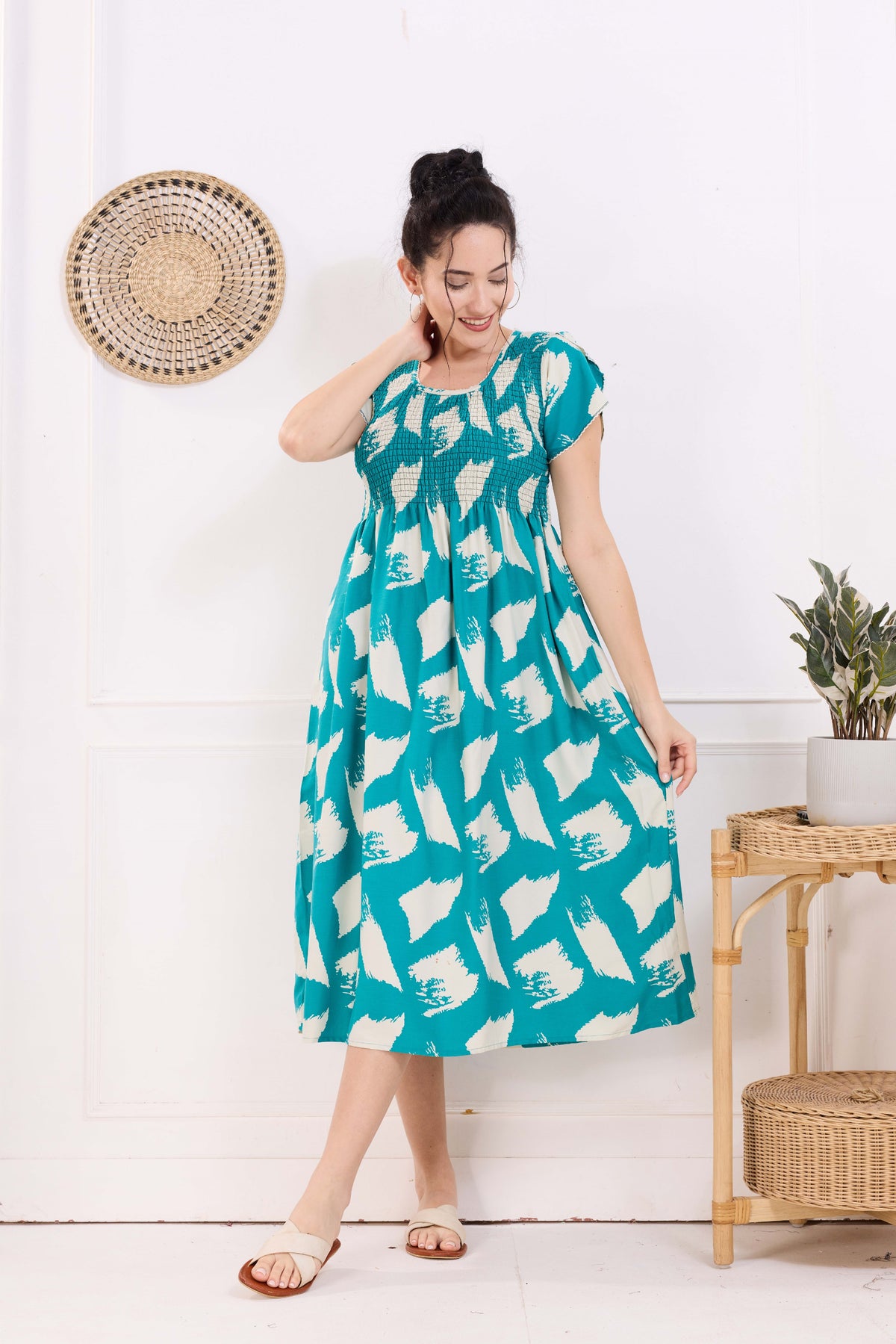 MANGAI Premium Rayon MAXI Frock Smocking Night Gown | Stretchable & Comfort Fit | Fancy Pleated Style with Side Pocket | Round Neck Nightwear for Stylish Women (SRM)