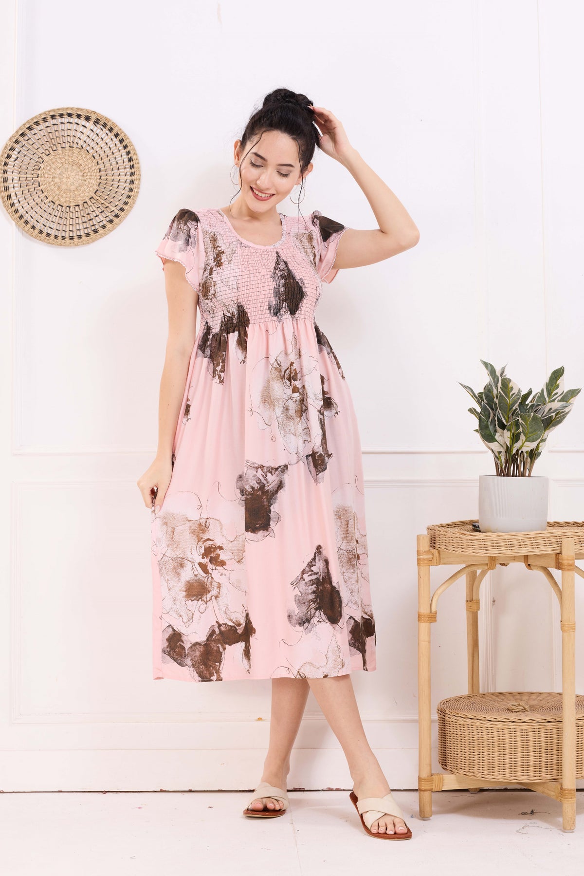 MANGAI Premium Rayon MAXI Frock Smocking Night Gown | Stretchable & Comfort Fit | Fancy Pleated Style with Side Pocket | Round Neck Nightwear for Stylish Women (SRM)