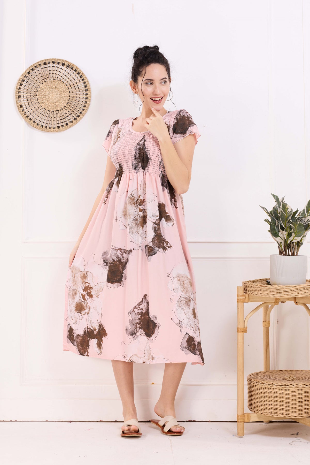 MANGAI Premium Rayon MAXI Frock Smocking Night Gown | Stretchable & Comfort Fit | Fancy Pleated Style with Side Pocket | Round Neck Nightwear for Stylish Women (SRM)