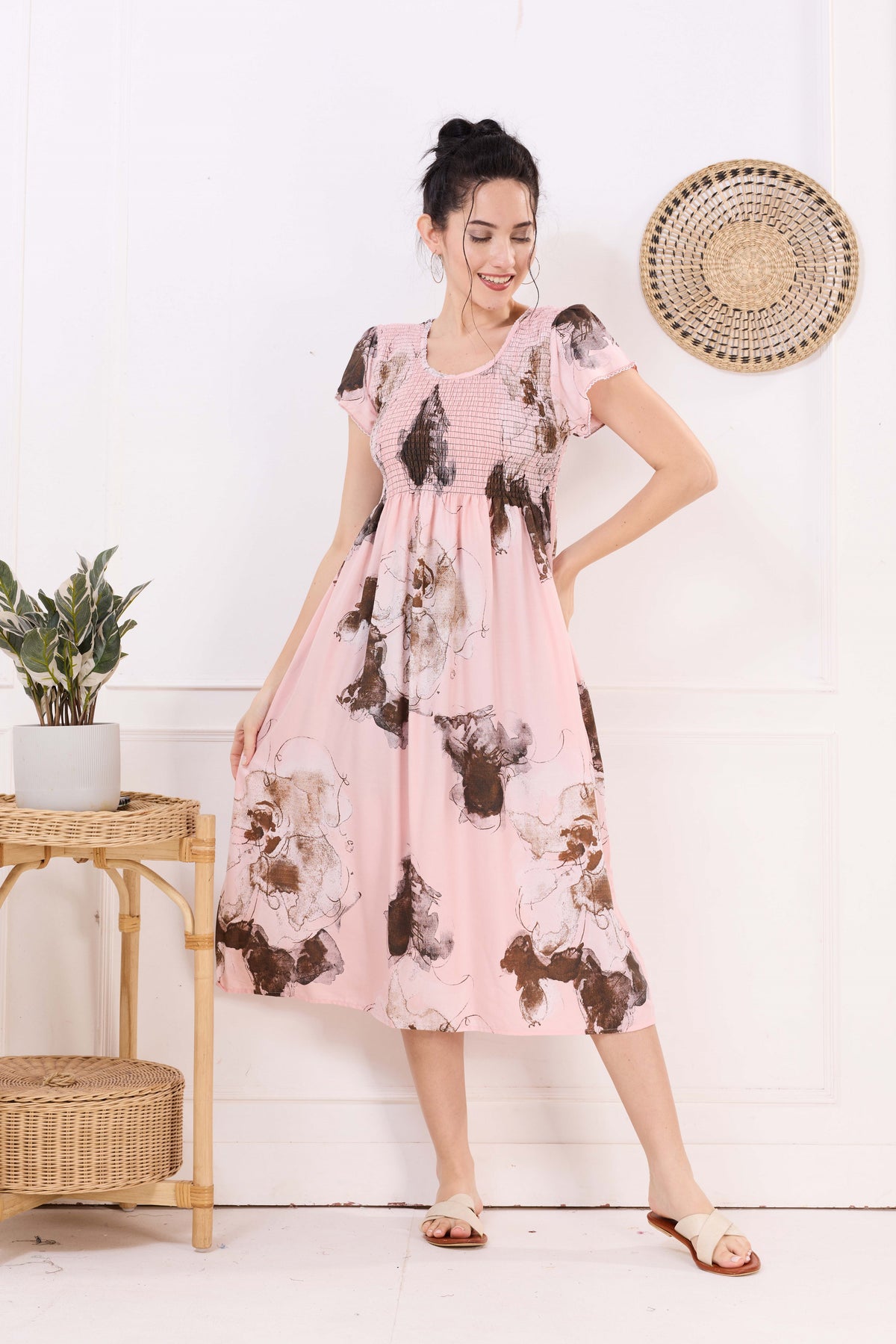 MANGAI Premium Rayon MAXI Frock Smocking Night Gown | Stretchable & Comfort Fit | Fancy Pleated Style with Side Pocket | Round Neck Nightwear for Stylish Women (SRM)