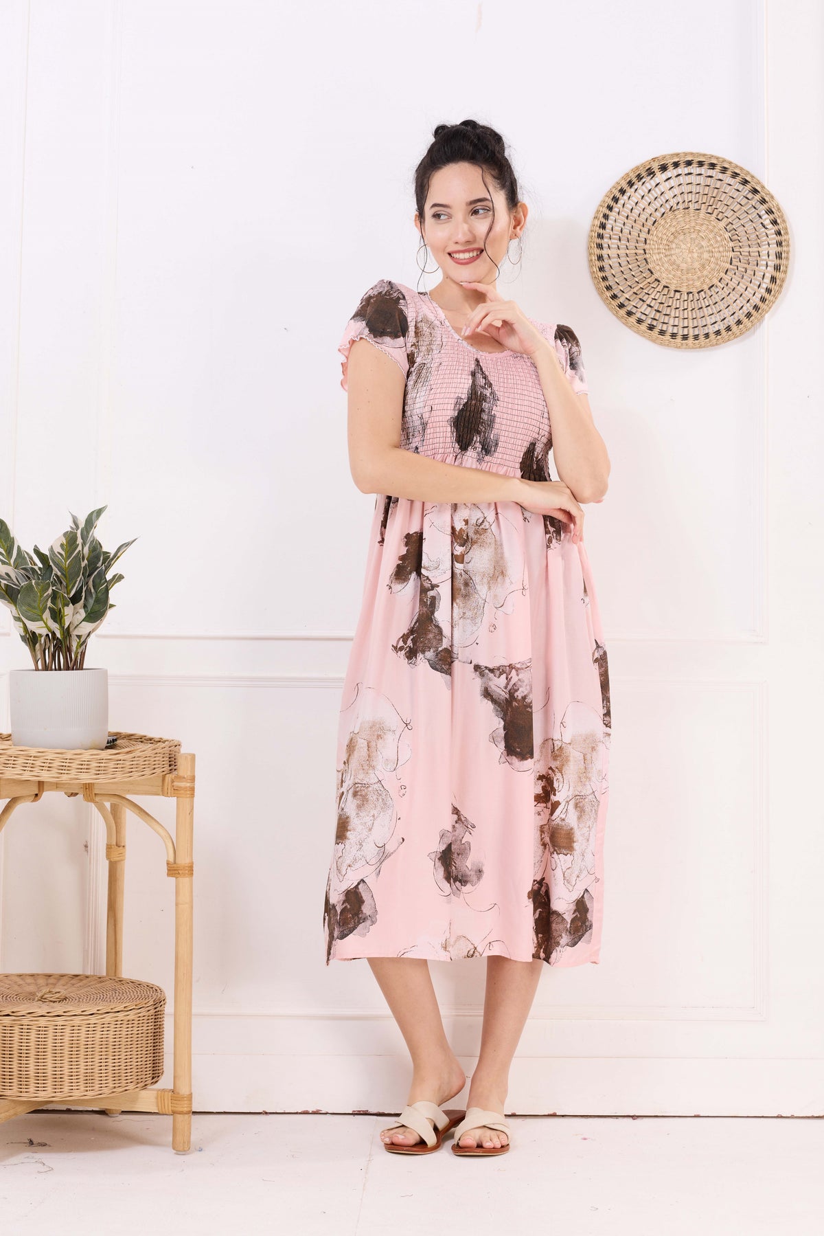 MANGAI Premium Rayon MAXI Frock Smocking Night Gown | Stretchable & Comfort Fit | Fancy Pleated Style with Side Pocket | Round Neck Nightwear for Stylish Women (SRM)