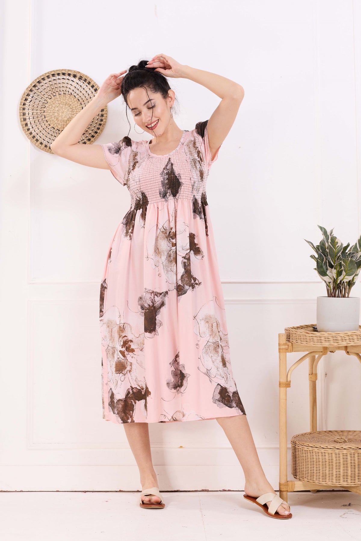 MANGAI Premium Rayon MAXI Frock Smocking Night Gown | Stretchable & Comfort Fit | Fancy Pleated Style with Side Pocket | Round Neck Nightwear for Stylish Women (SRM)