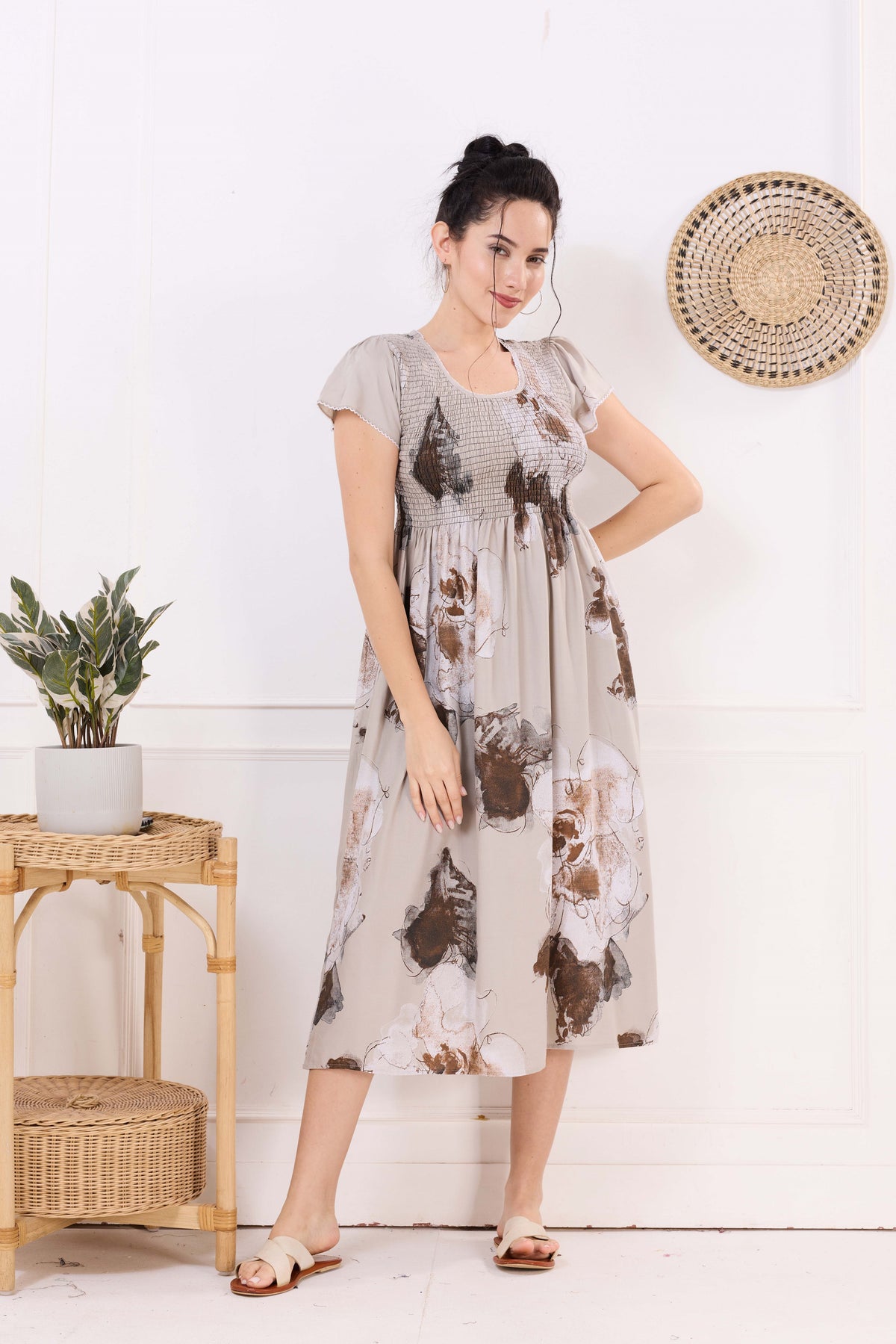 MANGAI Premium Rayon MAXI Frock Smocking Night Gown | Stretchable & Comfort Fit | Fancy Pleated Style with Side Pocket | Round Neck Nightwear for Stylish Women (SRM)