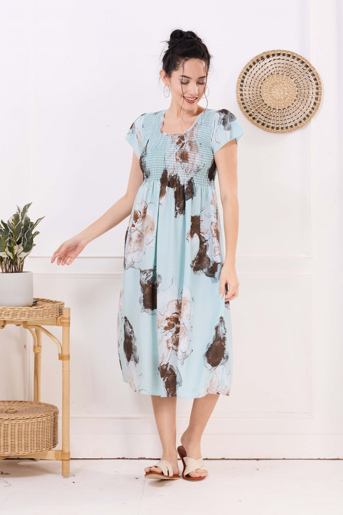 MANGAI Premium Rayon MAXI Frock Smocking Night Gown | Stretchable & Comfort Fit | Fancy Pleated Style with Side Pocket | Round Neck Nightwear for Stylish Women (SRM)