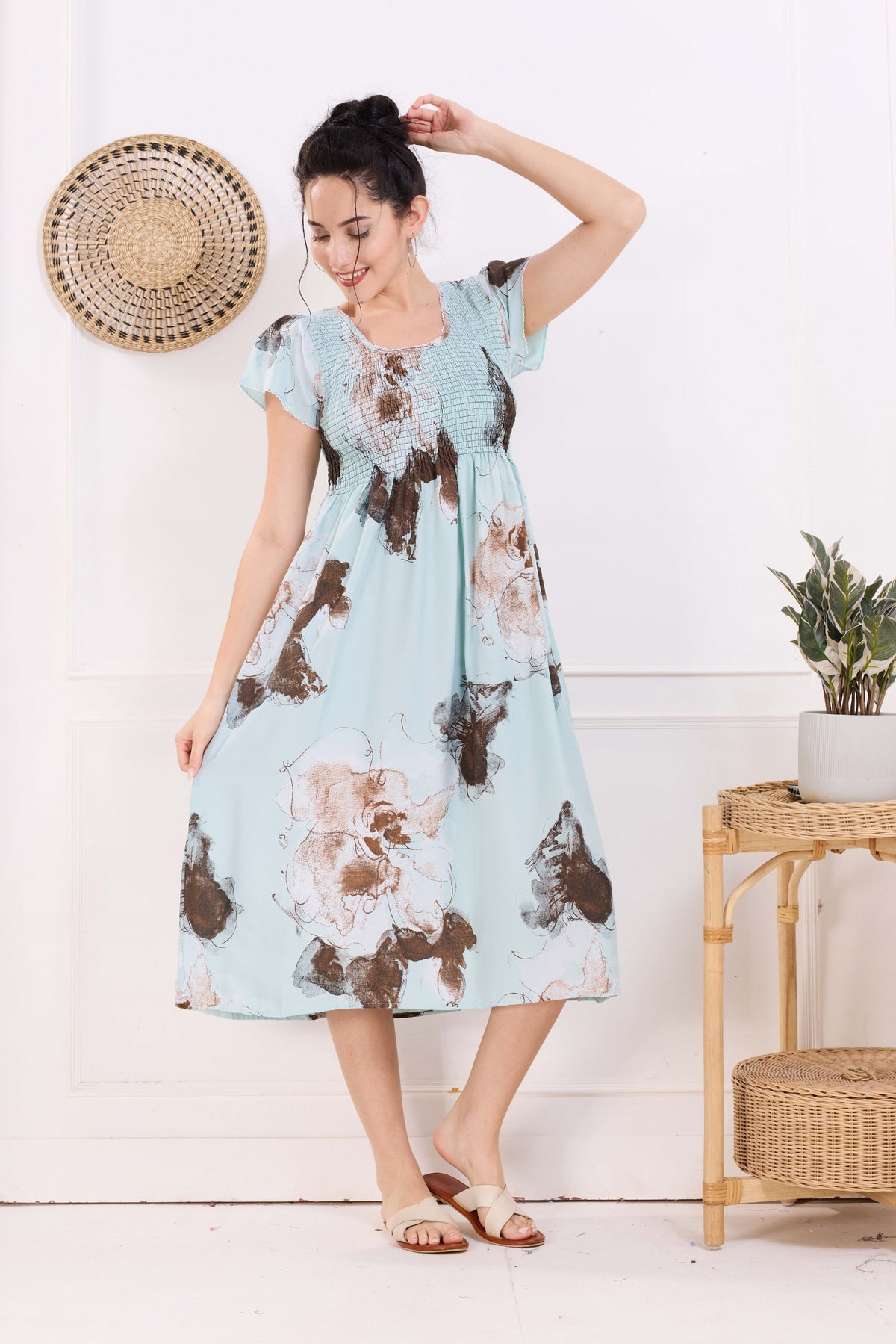 MANGAI Premium Rayon MAXI Frock Smocking Night Gown | Stretchable & Comfort Fit | Fancy Pleated Style with Side Pocket | Round Neck Nightwear for Stylish Women (SRM)