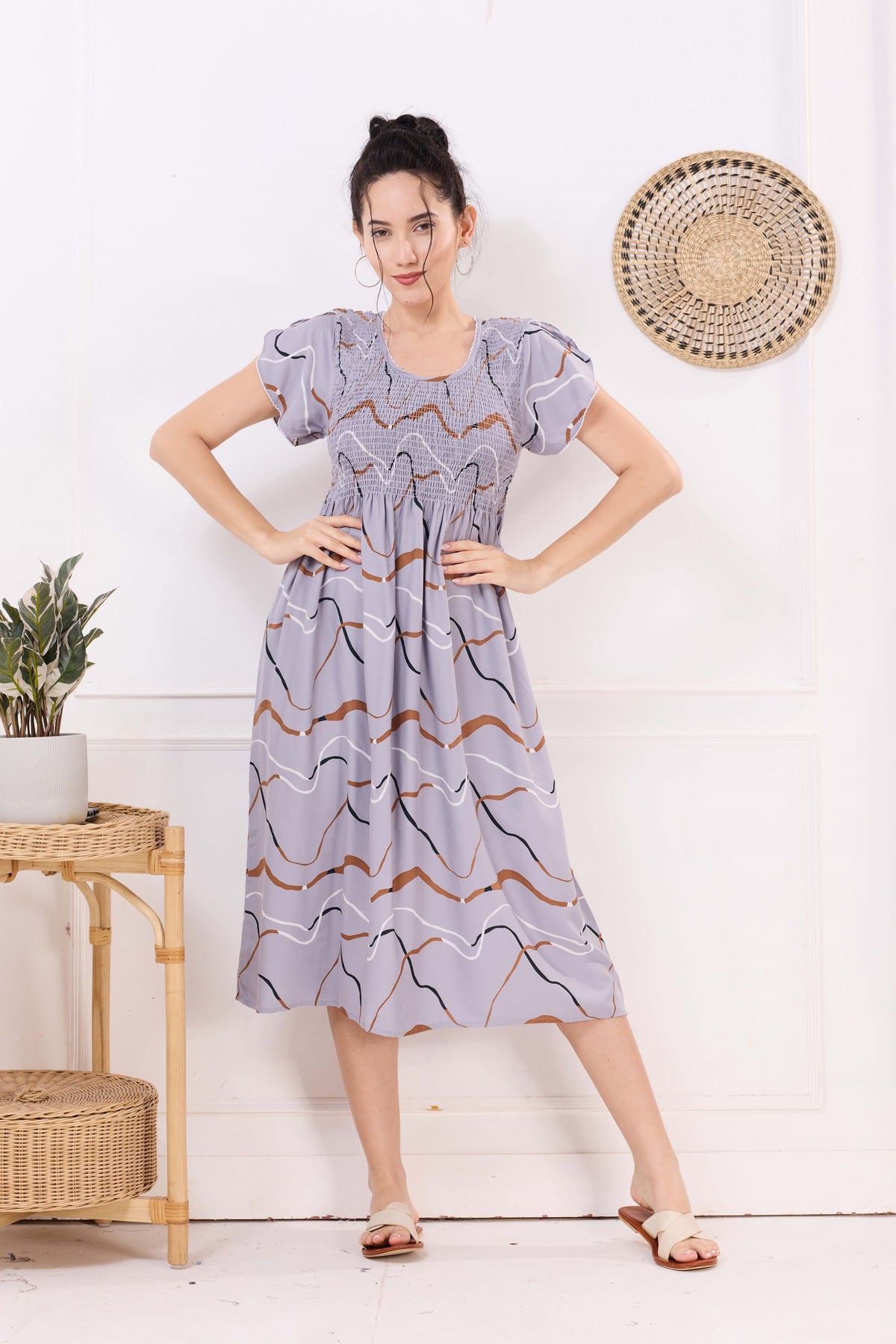 MANGAI Premium Rayon MAXI Frock Smocking Night Gown | Stretchable & Comfort Fit | Fancy Pleated Style with Side Pocket | Round Neck Nightwear for Stylish Women (SRM)