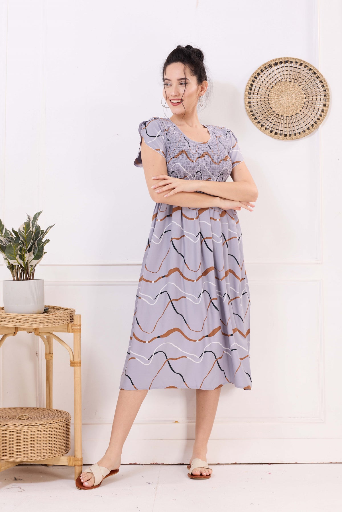 MANGAI Premium Rayon MAXI Frock Smocking Night Gown | Stretchable & Comfort Fit | Fancy Pleated Style with Side Pocket | Round Neck Nightwear for Stylish Women (SRM)