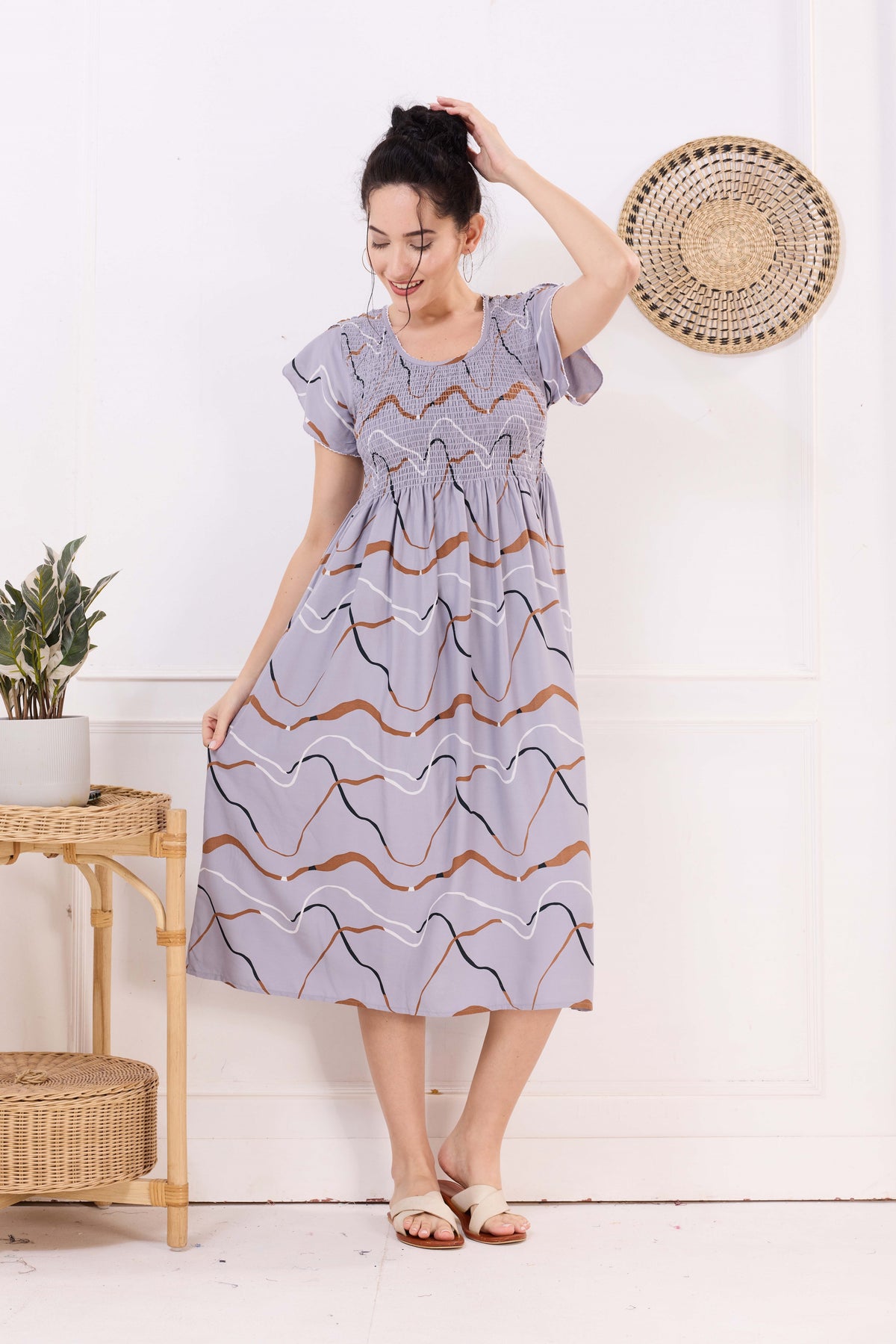 MANGAI Premium Rayon MAXI Frock Smocking Night Gown | Stretchable & Comfort Fit | Fancy Pleated Style with Side Pocket | Round Neck Nightwear for Stylish Women (SRM)