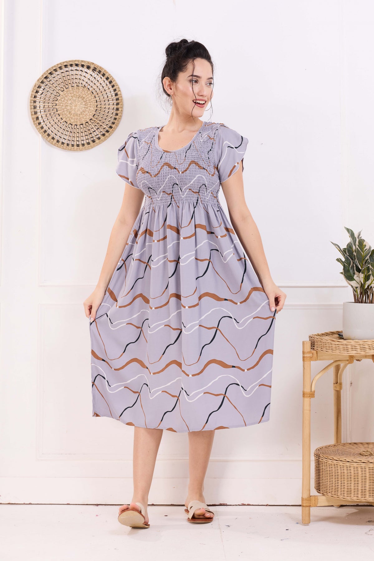 MANGAI Premium Rayon MAXI Frock Smocking Night Gown | Stretchable & Comfort Fit | Fancy Pleated Style with Side Pocket | Round Neck Nightwear for Stylish Women (SRM)