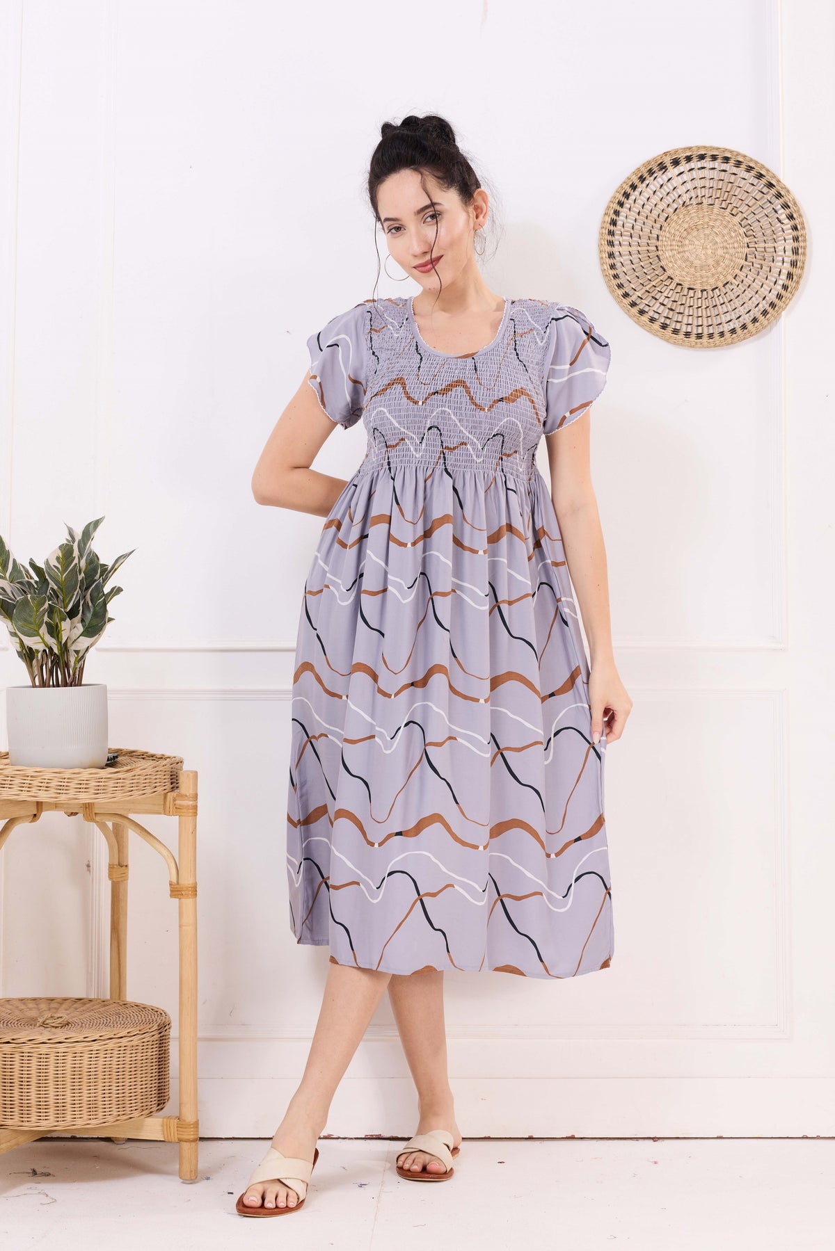 MANGAI Premium Rayon MAXI Frock Smocking Night Gown | Stretchable & Comfort Fit | Fancy Pleated Style with Side Pocket | Round Neck Nightwear for Stylish Women (SRM)