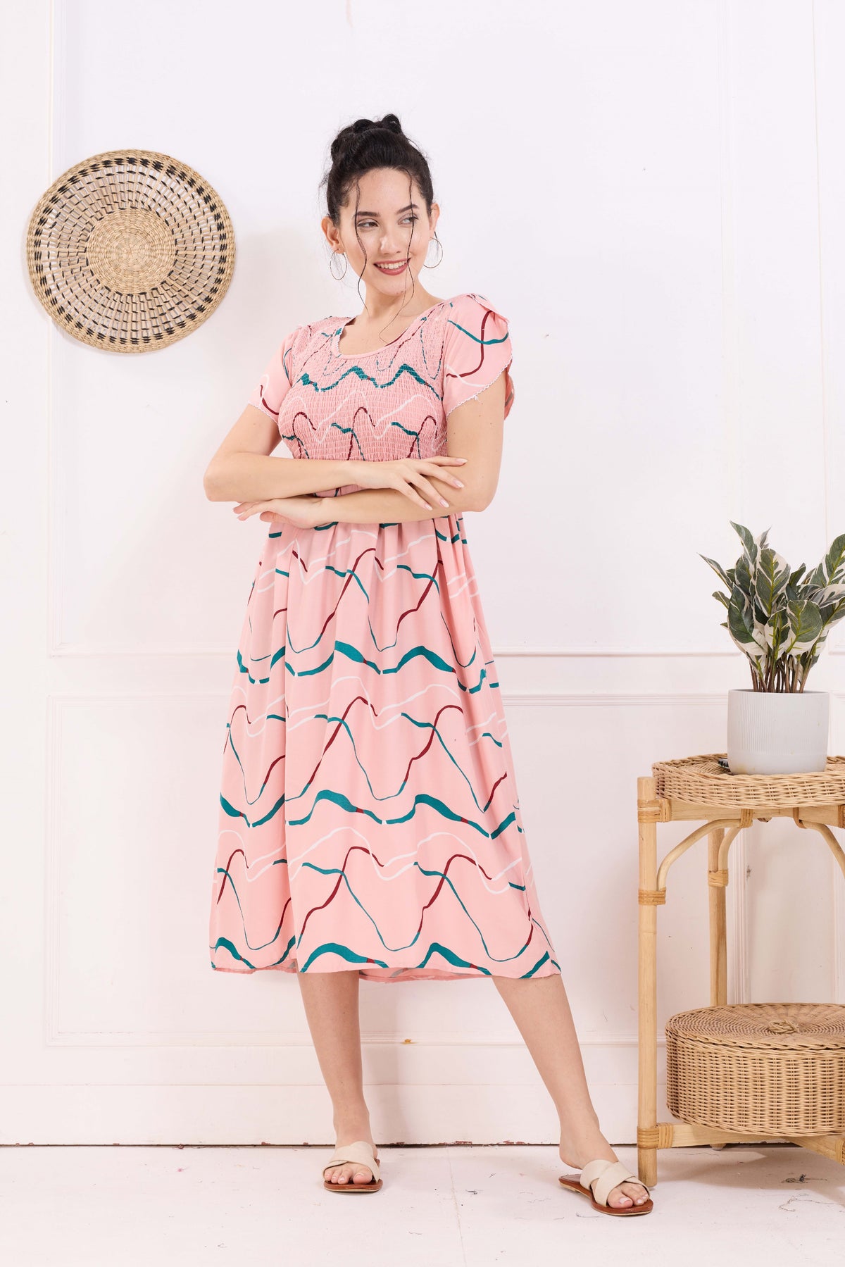 MANGAI Premium Rayon MAXI Frock Smocking Night Gown | Stretchable & Comfort Fit | Fancy Pleated Style with Side Pocket | Round Neck Nightwear for Stylish Women (SRM)