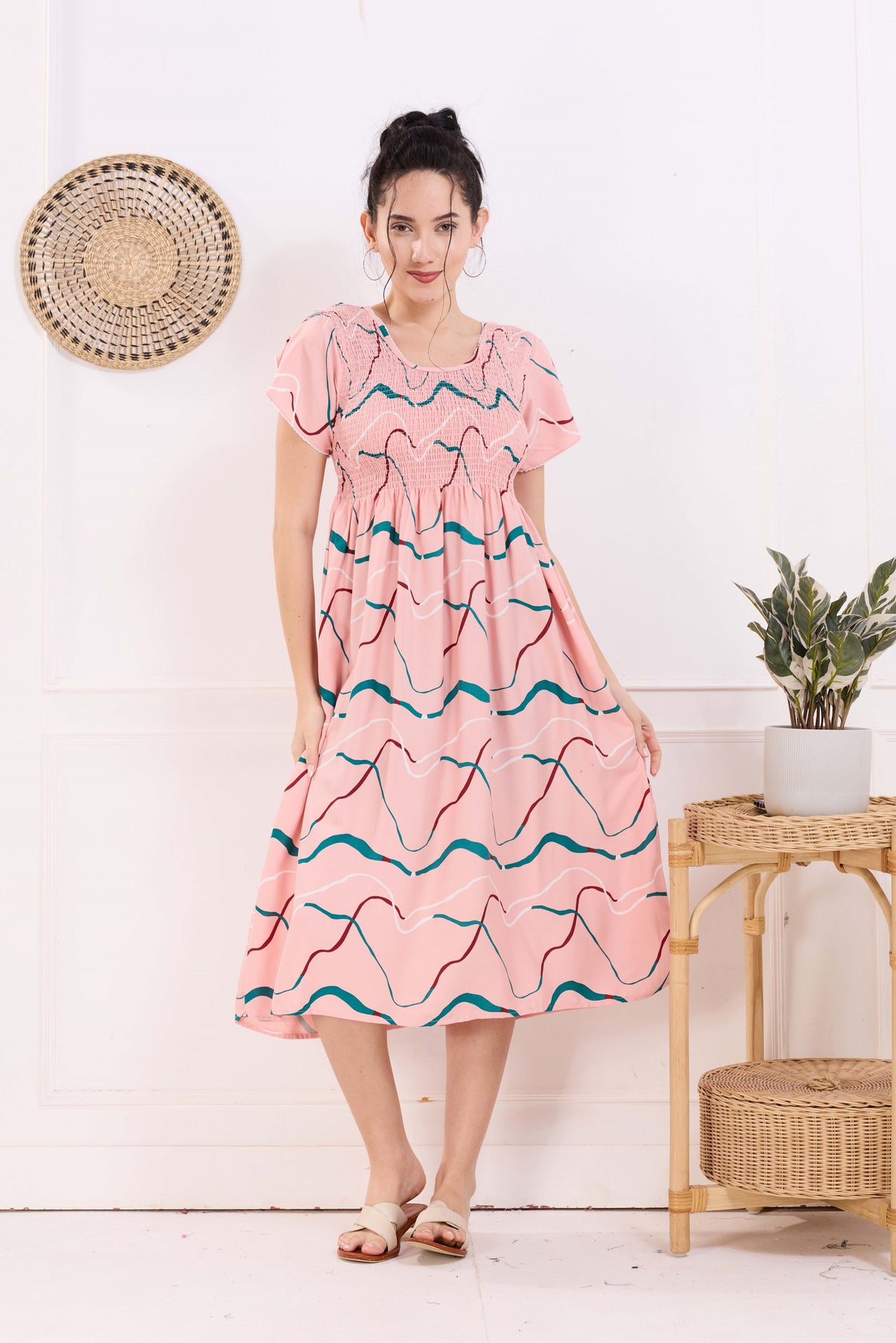 MANGAI Premium Rayon MAXI Frock Smocking Night Gown | Stretchable & Comfort Fit | Fancy Pleated Style with Side Pocket | Round Neck Nightwear for Stylish Women (SRM)