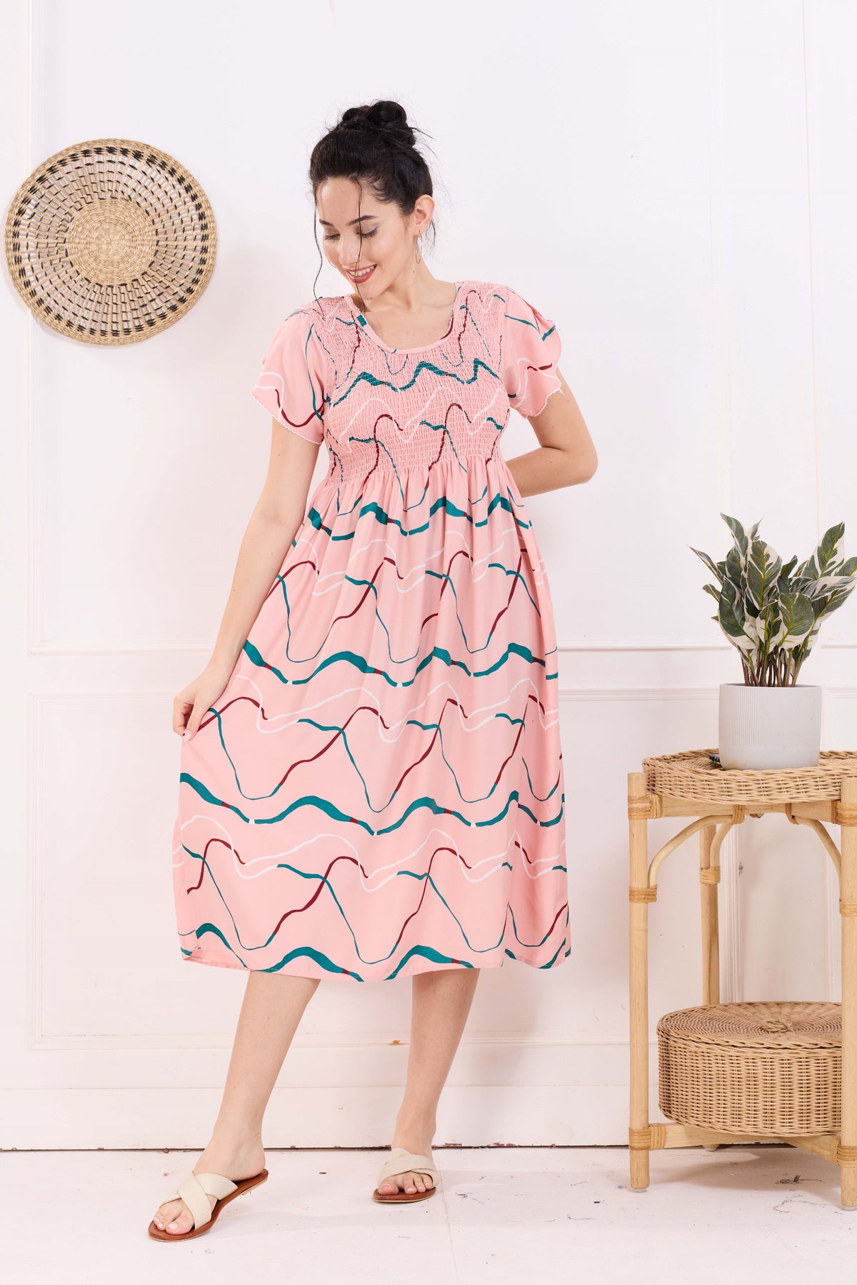 MANGAI Premium Rayon MAXI Frock Smocking Night Gown | Stretchable & Comfort Fit | Fancy Pleated Style with Side Pocket | Round Neck Nightwear for Stylish Women (SRM)