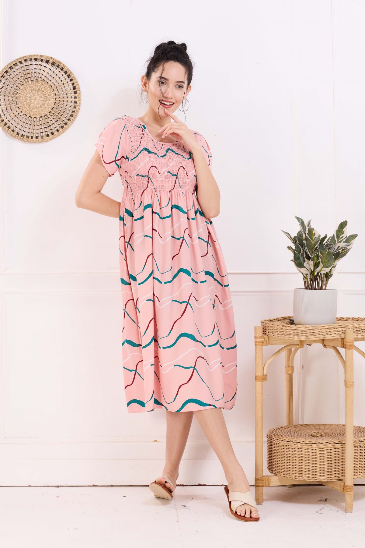 MANGAI Premium Rayon MAXI Frock Smocking Night Gown | Stretchable & Comfort Fit | Fancy Pleated Style with Side Pocket | Round Neck Nightwear for Stylish Women (SRM)