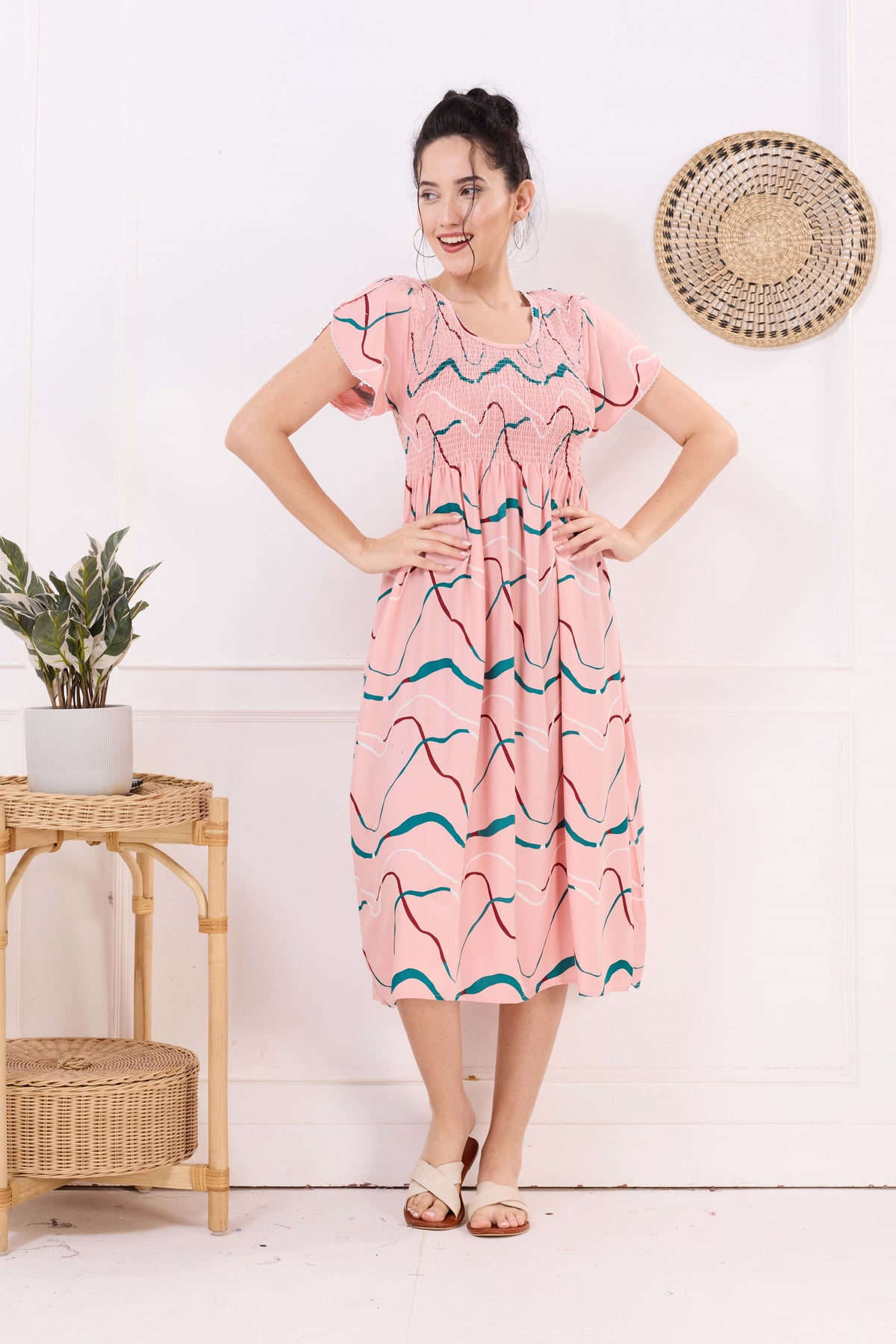 MANGAI Premium Rayon MAXI Frock Smocking Night Gown | Stretchable & Comfort Fit | Fancy Pleated Style with Side Pocket | Round Neck Nightwear for Stylish Women (SRM)