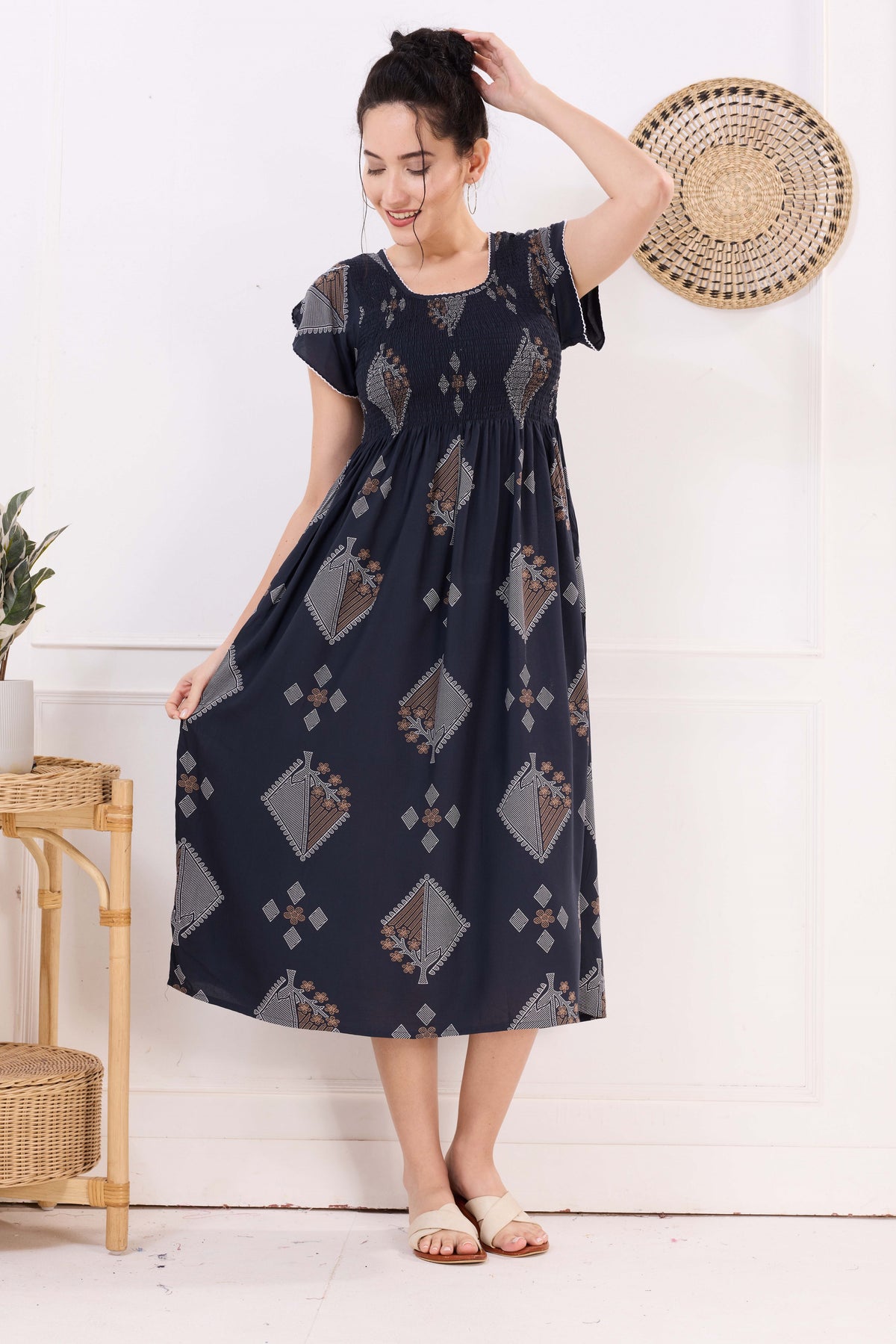 MANGAI Premium Rayon MAXI Frock Smocking Night Gown | Stretchable & Comfort Fit | Fancy Pleated Style with Side Pocket | Round Neck Nightwear for Stylish Women (SRM)