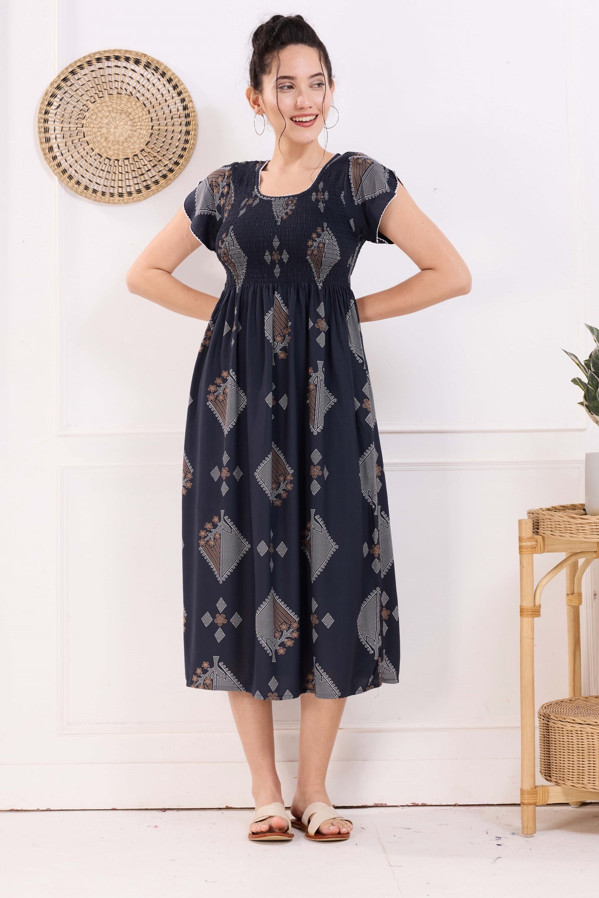 MANGAI Premium Rayon MAXI Frock Smocking Night Gown | Stretchable & Comfort Fit | Fancy Pleated Style with Side Pocket | Round Neck Nightwear for Stylish Women (SRM)