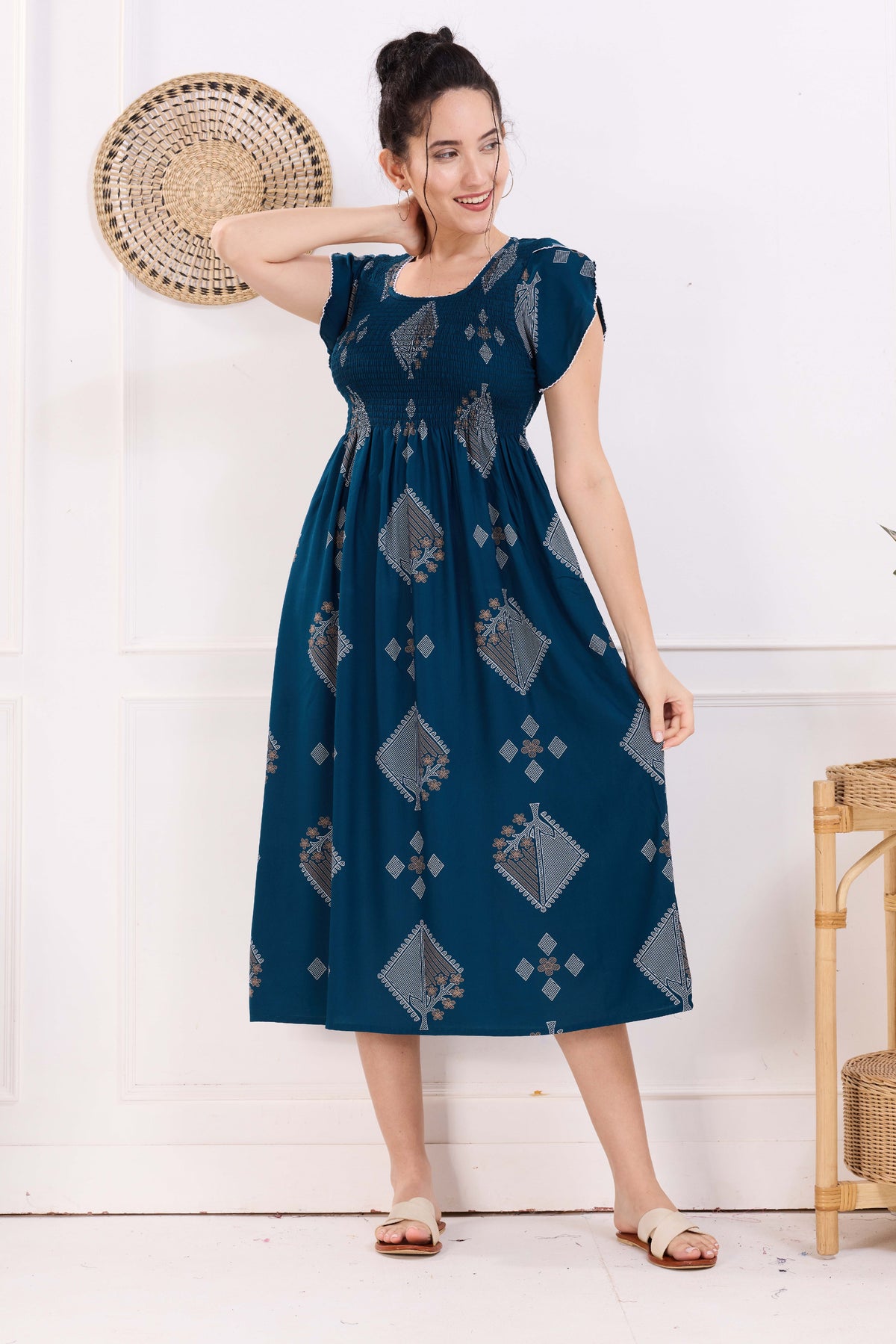 MANGAI Premium Rayon MAXI Frock Smocking Night Gown | Stretchable & Comfort Fit | Fancy Pleated Style with Side Pocket | Round Neck Nightwear for Stylish Women (SRM)