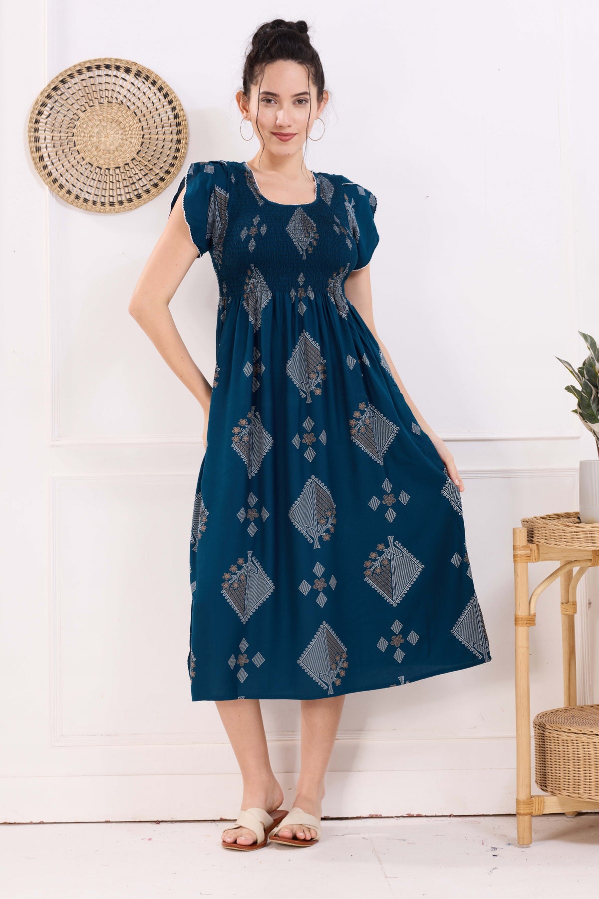 MANGAI Premium Rayon MAXI Frock Smocking Night Gown | Stretchable & Comfort Fit | Fancy Pleated Style with Side Pocket | Round Neck Nightwear for Stylish Women (SRM)