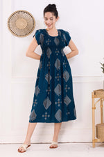 MANGAI Premium Rayon MAXI Frock Smocking Night Gown | Stretchable & Comfort Fit | Fancy Pleated Style with Side Pocket | Round Neck Nightwear for Stylish Women (SRM)