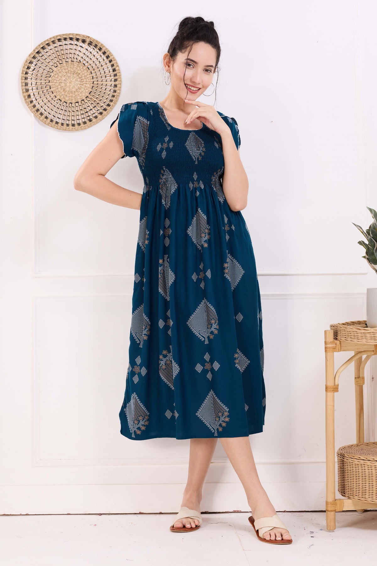 MANGAI Premium Rayon MAXI Frock Smocking Night Gown | Stretchable & Comfort Fit | Fancy Pleated Style with Side Pocket | Round Neck Nightwear for Stylish Women (SRM)