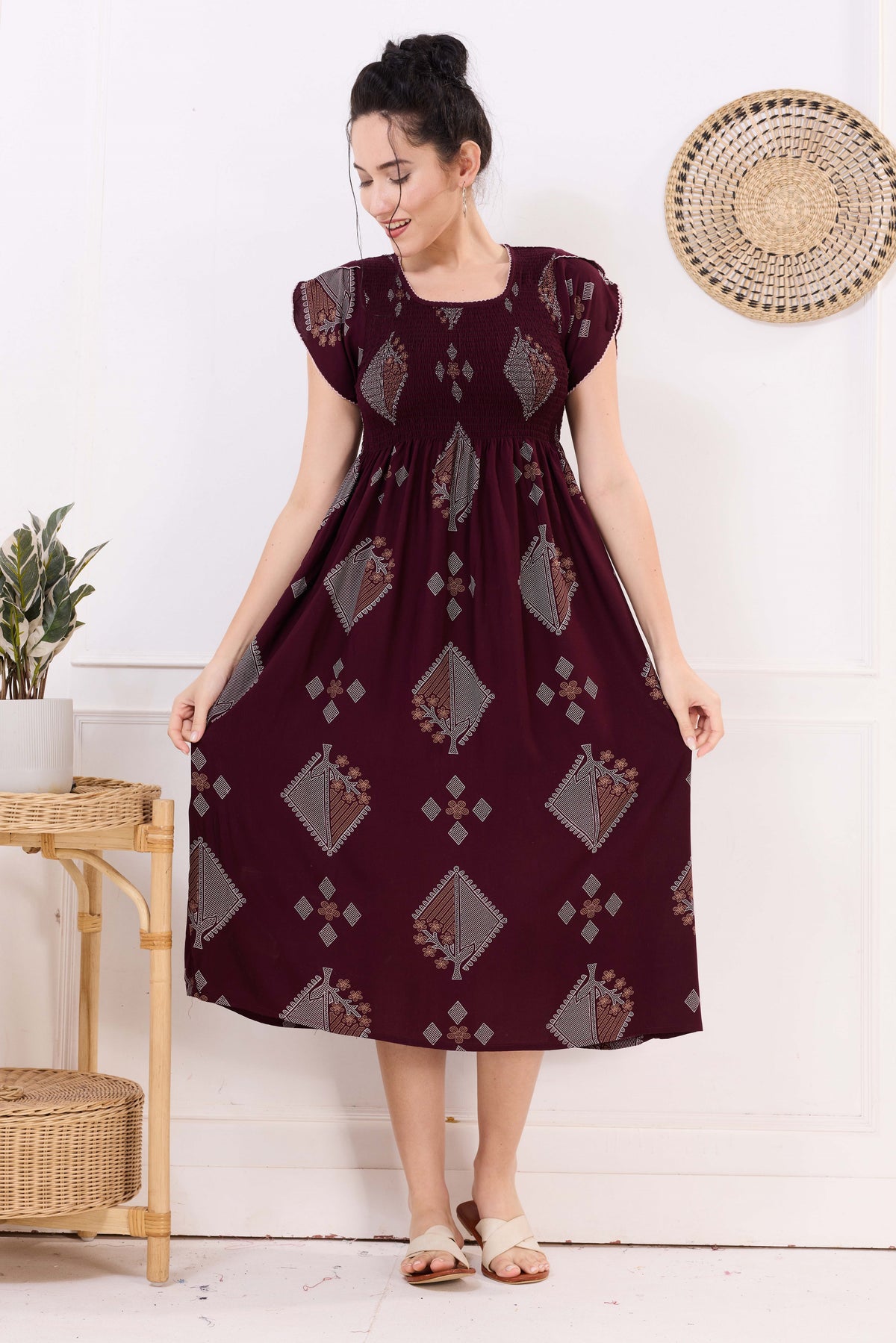 MANGAI Premium Rayon MAXI Frock Smocking Night Gown | Stretchable & Comfort Fit | Fancy Pleated Style with Side Pocket | Round Neck Nightwear for Stylish Women (SRM)