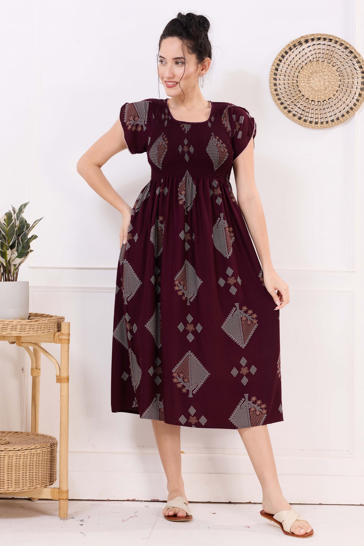 MANGAI Premium Rayon MAXI Frock Smocking Night Gown | Stretchable & Comfort Fit | Fancy Pleated Style with Side Pocket | Round Neck Nightwear for Stylish Women (SRM)