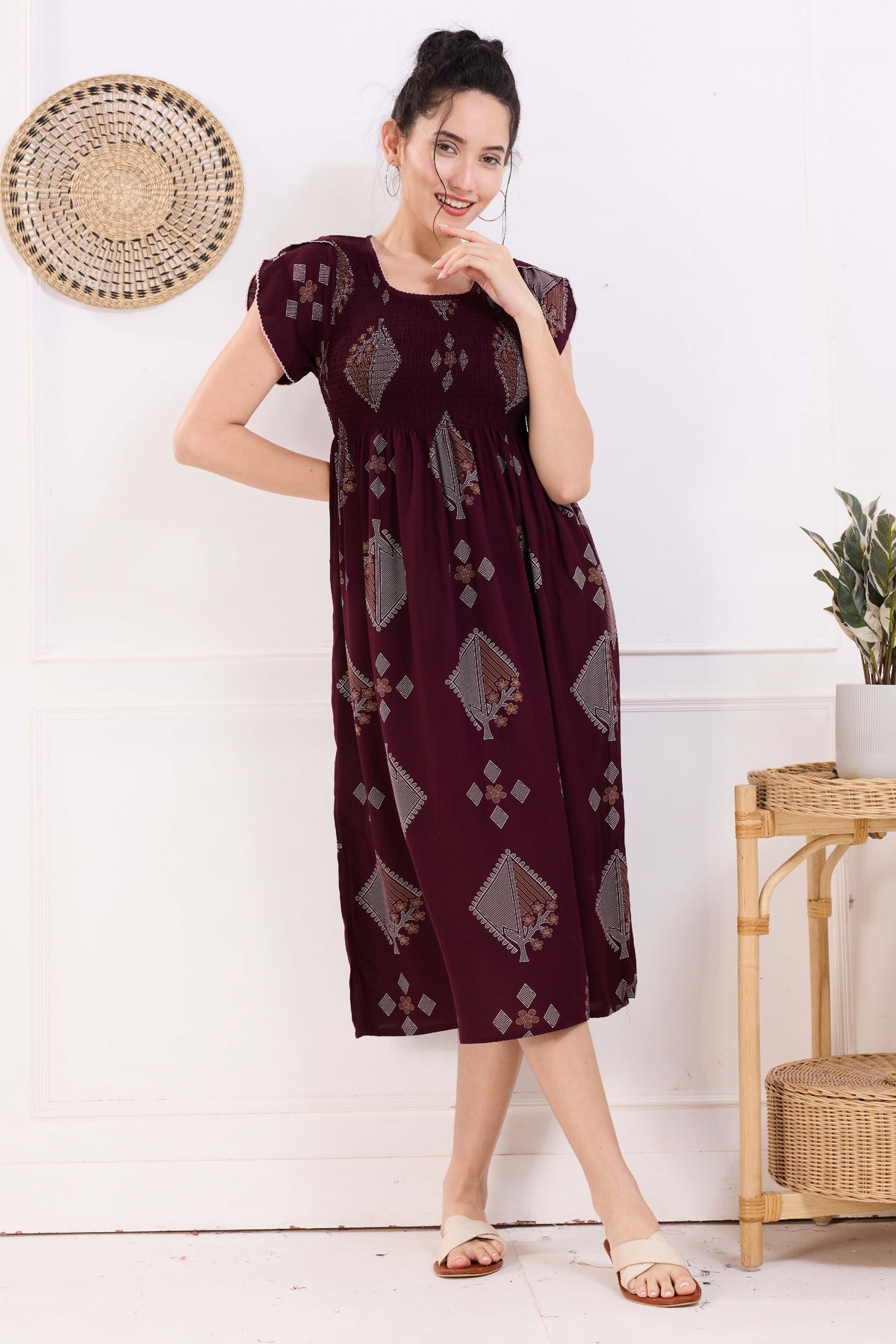 MANGAI Premium Rayon MAXI Frock Smocking Night Gown | Stretchable & Comfort Fit | Fancy Pleated Style with Side Pocket | Round Neck Nightwear for Stylish Women (SRM)