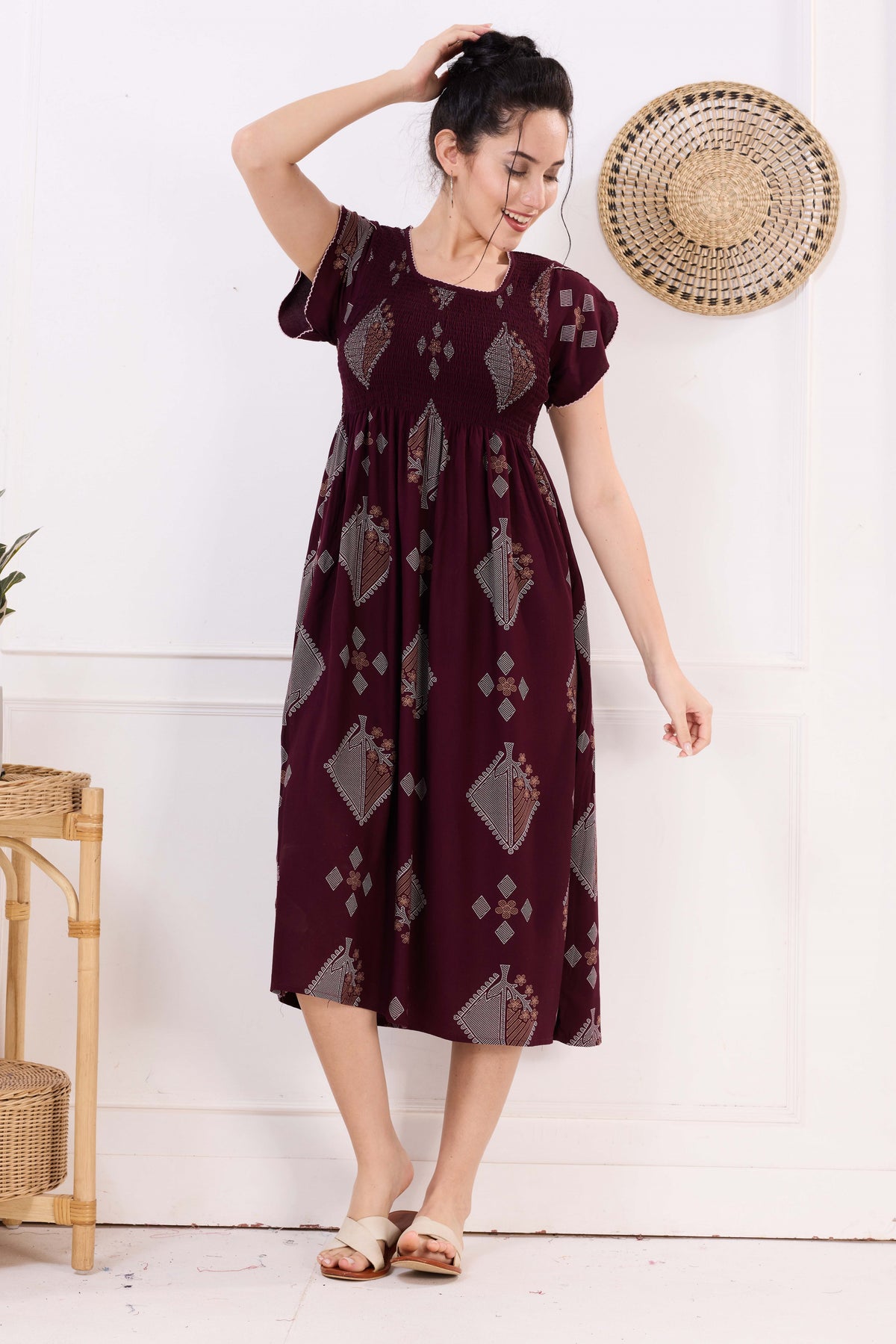 MANGAI Premium Rayon MAXI Frock Smocking Night Gown | Stretchable & Comfort Fit | Fancy Pleated Style with Side Pocket | Round Neck Nightwear for Stylish Women (SRM)