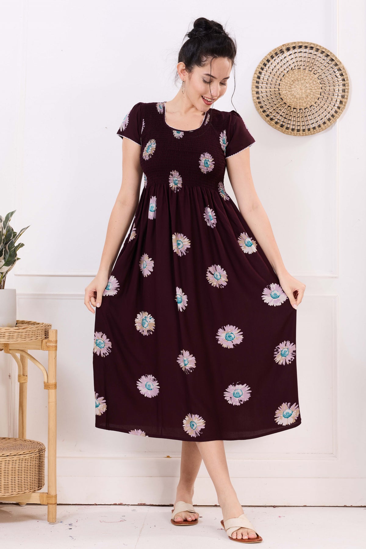 MANGAI Premium Rayon MAXI Frock Smocking Night Gown | Stretchable & Comfort Fit | Fancy Pleated Style with Side Pocket | Round Neck Nightwear for Stylish Women (SRM)