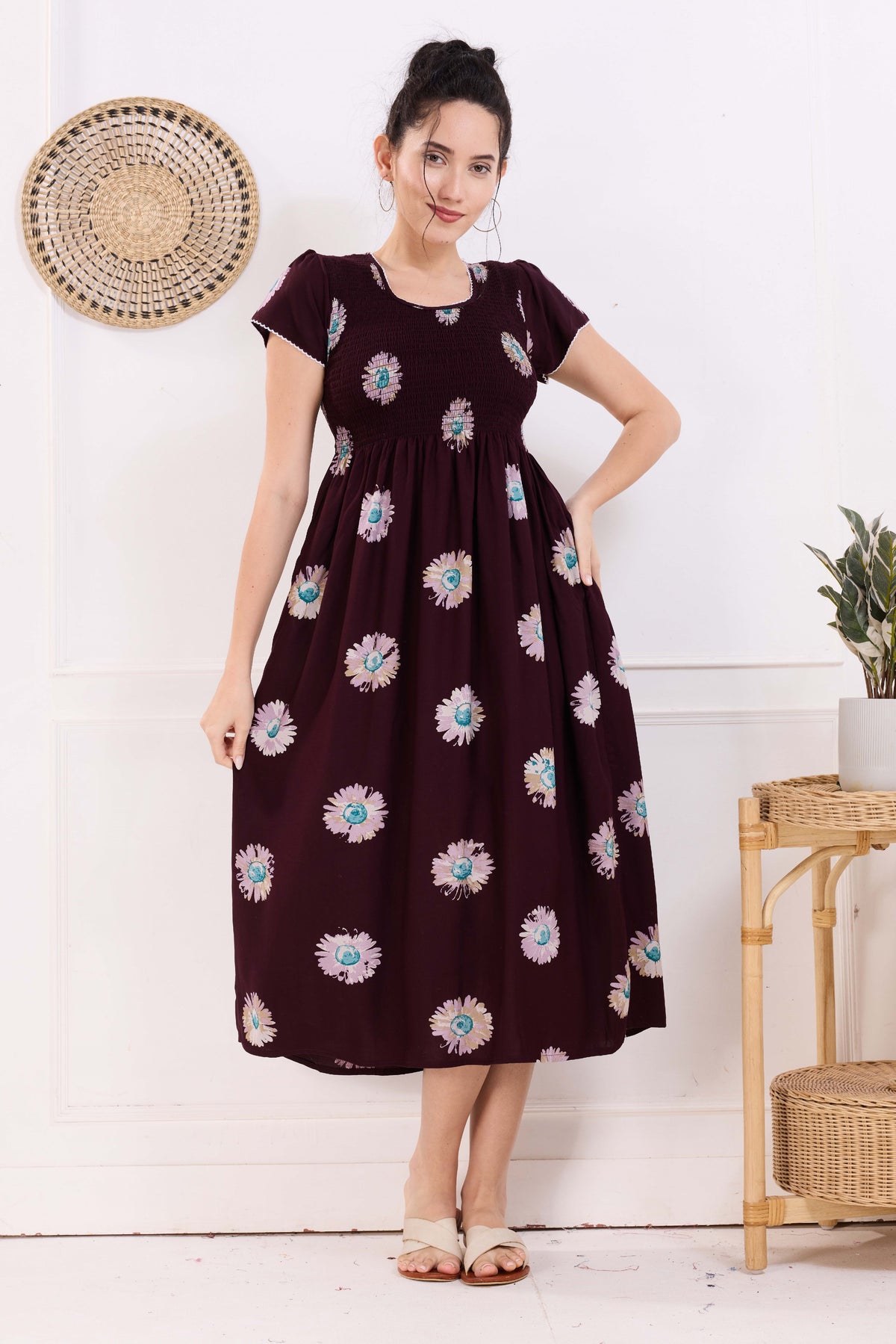 MANGAI Premium Rayon MAXI Frock Smocking Night Gown | Stretchable & Comfort Fit | Fancy Pleated Style with Side Pocket | Round Neck Nightwear for Stylish Women (SRM)