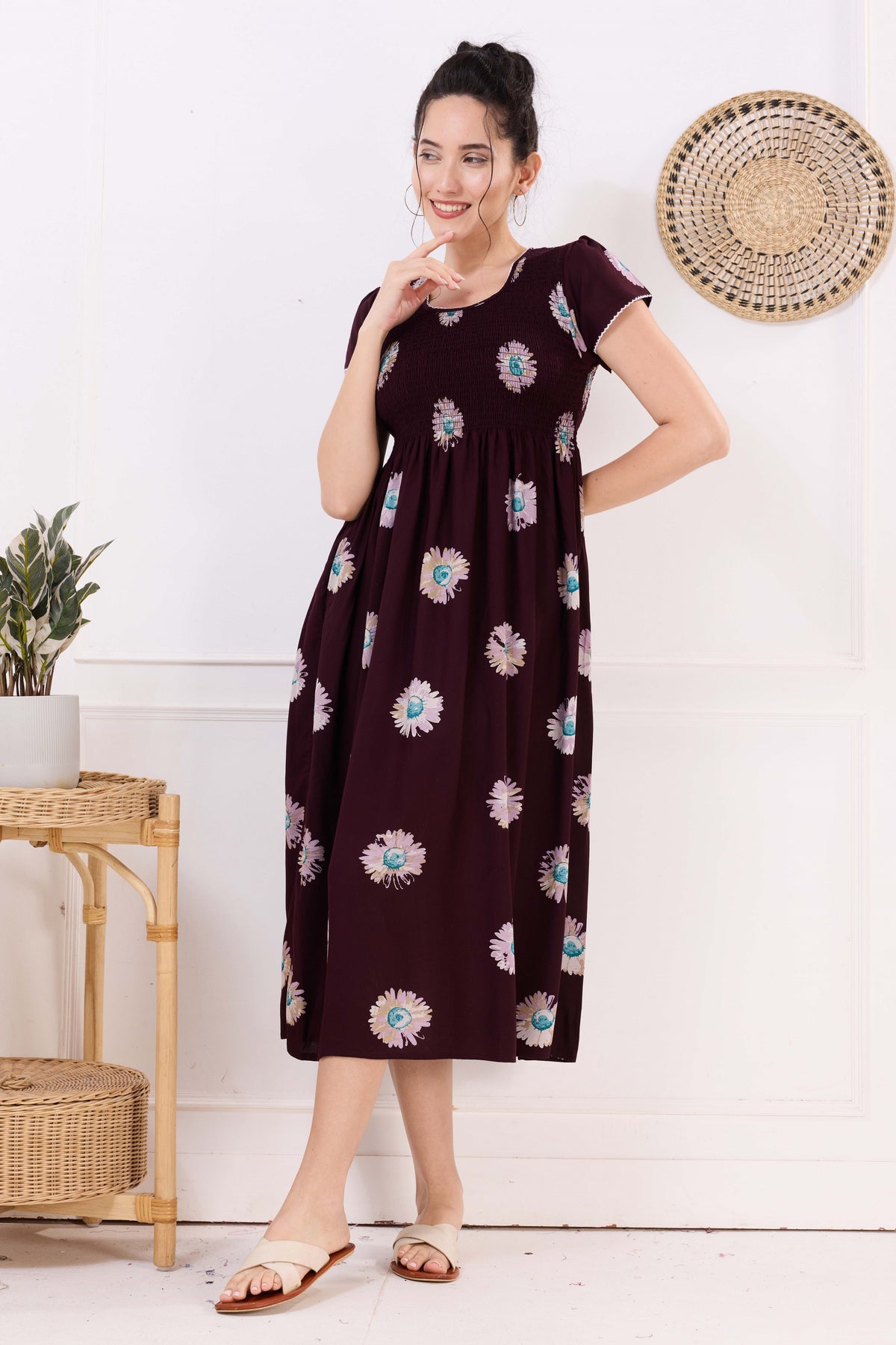 MANGAI Premium Rayon MAXI Frock Smocking Night Gown | Stretchable & Comfort Fit | Fancy Pleated Style with Side Pocket | Round Neck Nightwear for Stylish Women (SRM)