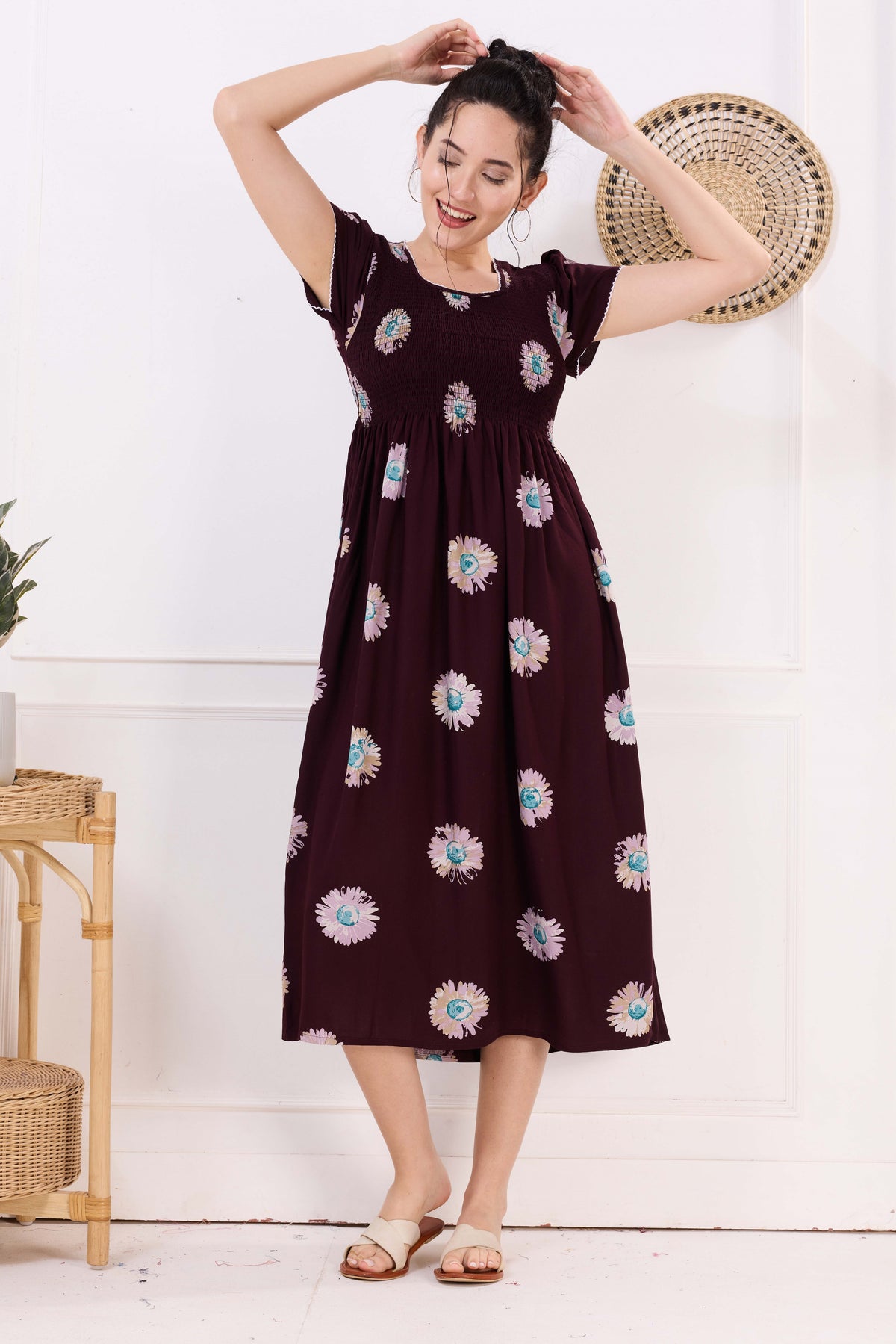 MANGAI Premium Rayon MAXI Frock Smocking Night Gown | Stretchable & Comfort Fit | Fancy Pleated Style with Side Pocket | Round Neck Nightwear for Stylish Women (SRM)