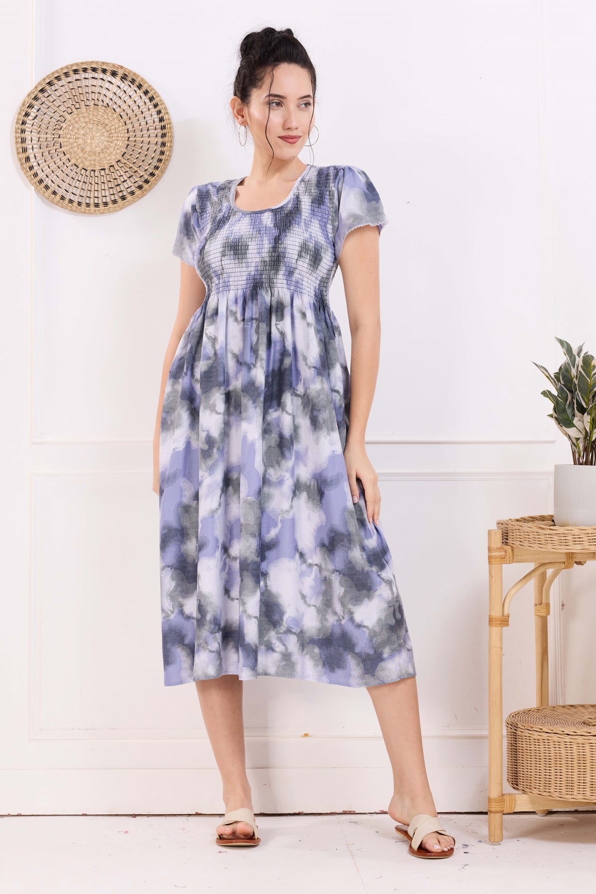 MANGAI Premium Rayon MAXI Frock Smocking Night Gown | Stretchable & Comfort Fit | Fancy Pleated Style with Side Pocket | Round Neck Nightwear for Stylish Women (SRM)