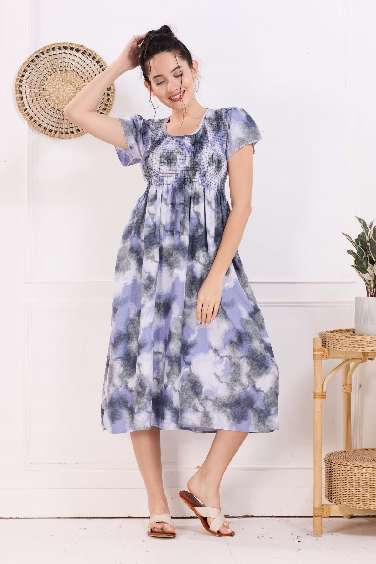 MANGAI Premium Rayon MAXI Frock Smocking Night Gown | Stretchable & Comfort Fit | Fancy Pleated Style with Side Pocket | Round Neck Nightwear for Stylish Women (SRM)