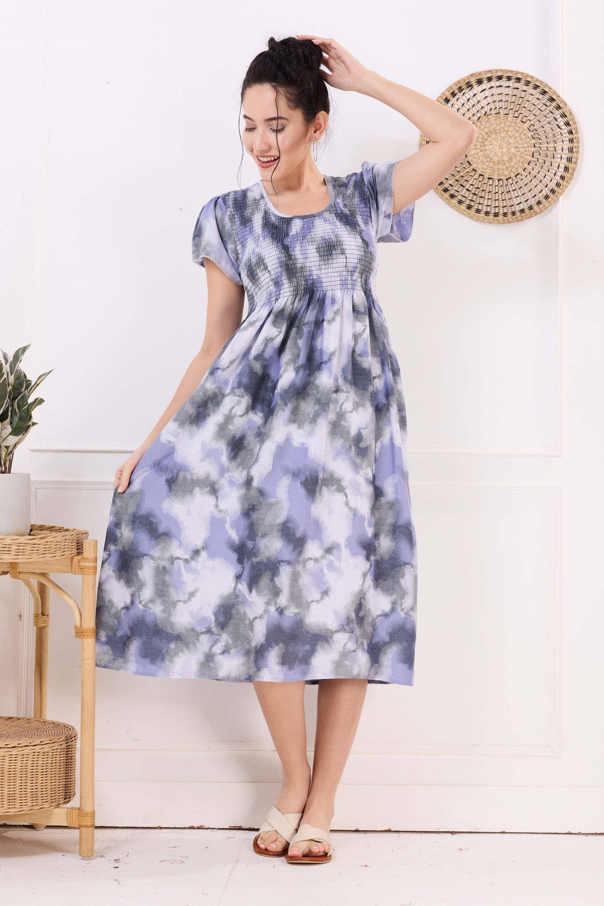 MANGAI Premium Rayon MAXI Frock Smocking Night Gown | Stretchable & Comfort Fit | Fancy Pleated Style with Side Pocket | Round Neck Nightwear for Stylish Women (SRM)