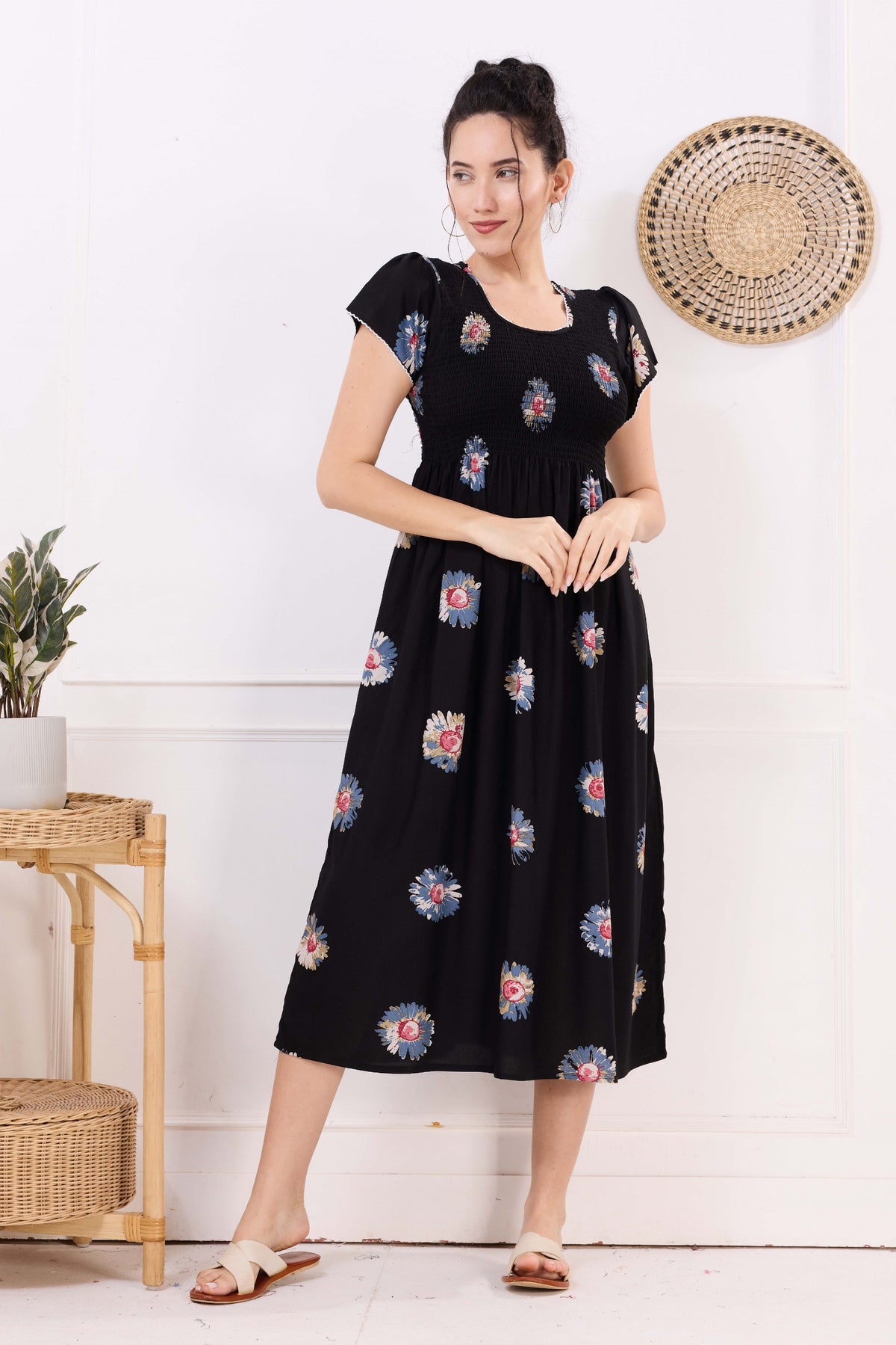 MANGAI Premium Rayon MAXI Frock Smocking Night Gown | Stretchable & Comfort Fit | Fancy Pleated Style with Side Pocket | Round Neck Nightwear for Stylish Women (SRM)