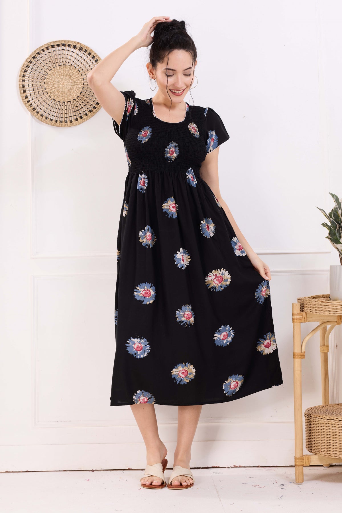 MANGAI Premium Rayon MAXI Frock Smocking Night Gown | Stretchable & Comfort Fit | Fancy Pleated Style with Side Pocket | Round Neck Nightwear for Stylish Women (SRM)