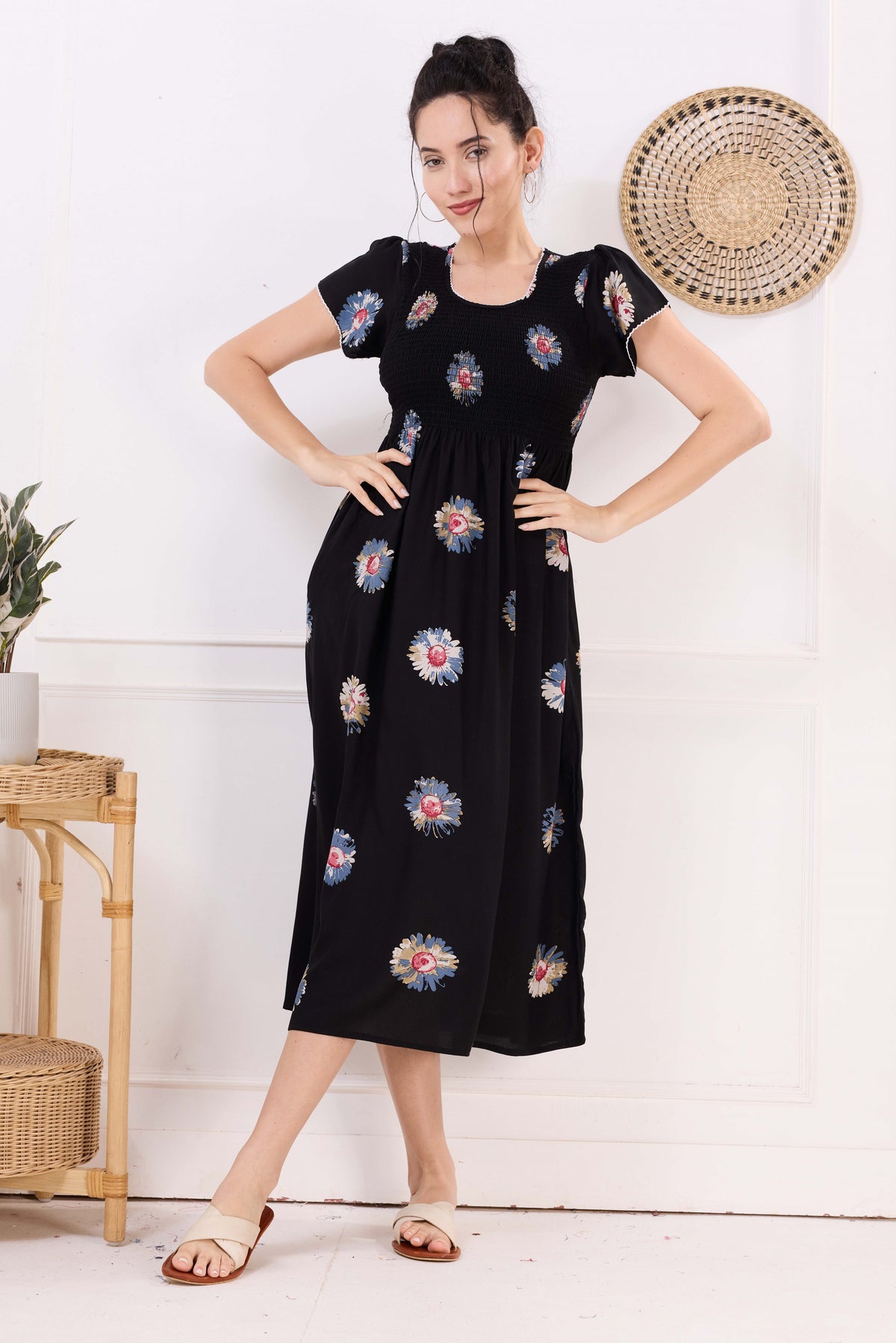 MANGAI Premium Rayon MAXI Frock Smocking Night Gown | Stretchable & Comfort Fit | Fancy Pleated Style with Side Pocket | Round Neck Nightwear for Stylish Women (SRM)