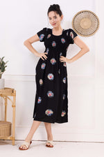 MANGAI Premium Rayon MAXI Frock Smocking Night Gown | Stretchable & Comfort Fit | Fancy Pleated Style with Side Pocket | Round Neck Nightwear for Stylish Women (SRM)