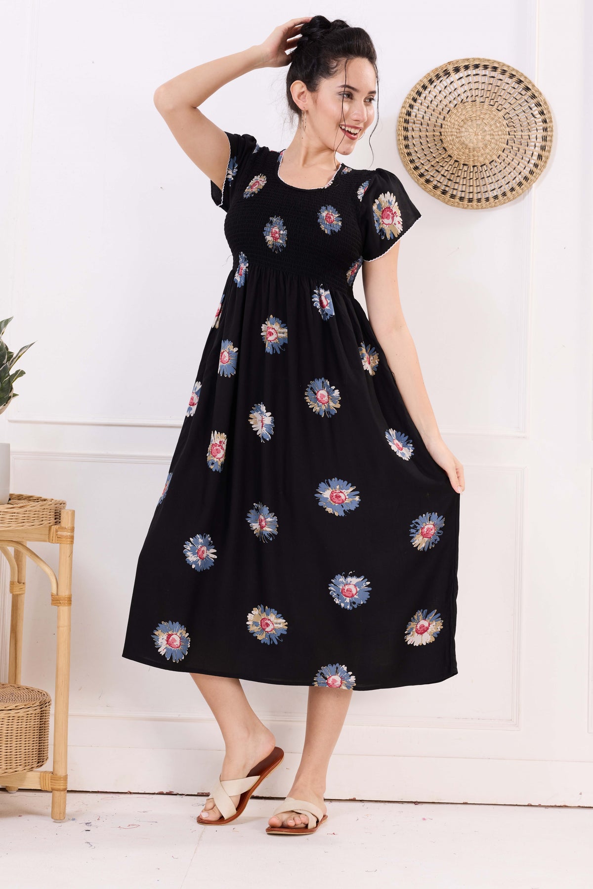 MANGAI Premium Rayon MAXI Frock Smocking Night Gown | Stretchable & Comfort Fit | Fancy Pleated Style with Side Pocket | Round Neck Nightwear for Stylish Women (SRM)