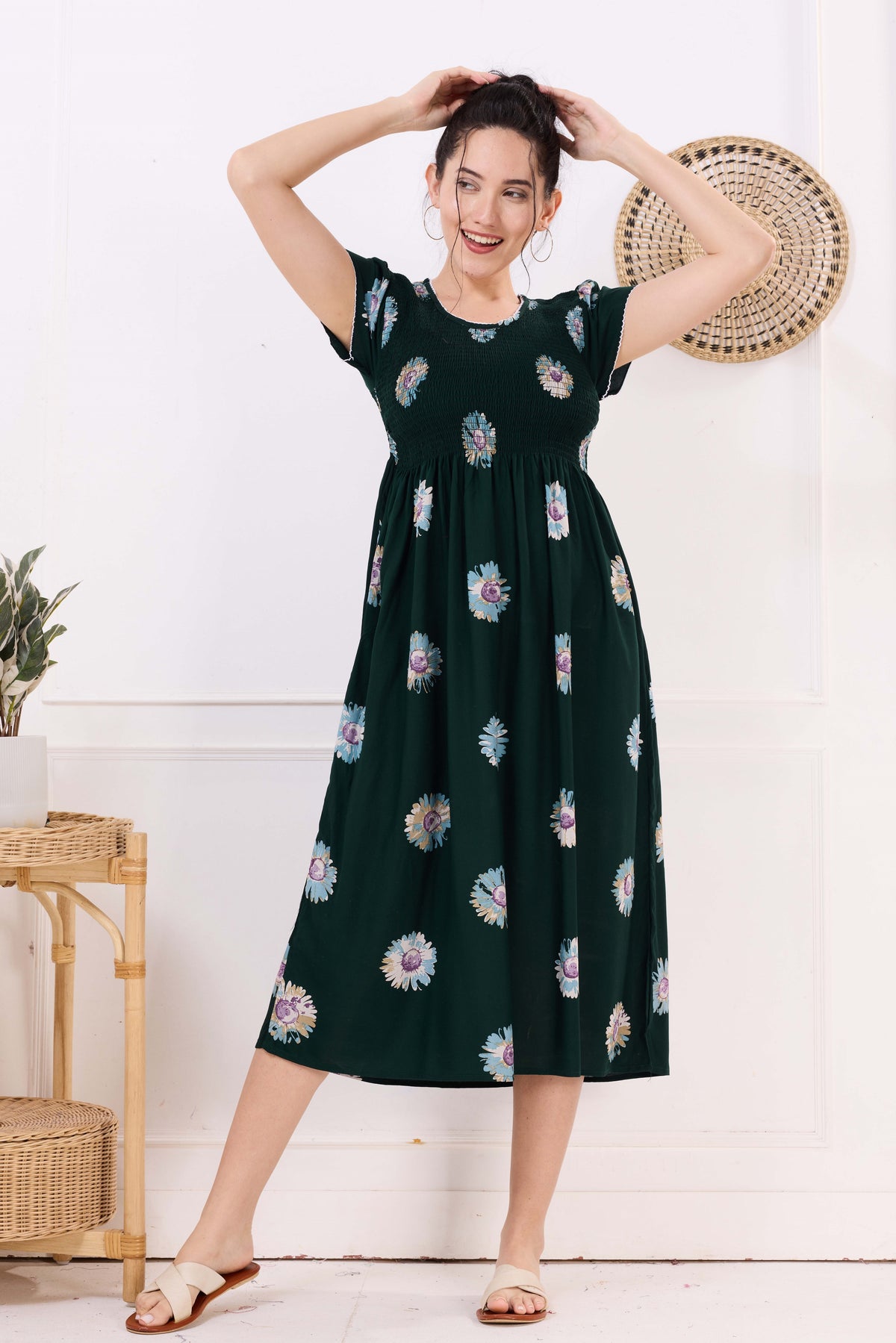 MANGAI Premium Rayon MAXI Frock Smocking Night Gown | Stretchable & Comfort Fit | Fancy Pleated Style with Side Pocket | Round Neck Nightwear for Stylish Women (SRM)