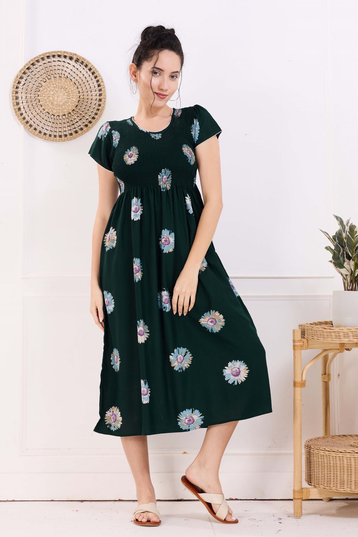 MANGAI Premium Rayon MAXI Frock Smocking Night Gown | Stretchable & Comfort Fit | Fancy Pleated Style with Side Pocket | Round Neck Nightwear for Stylish Women (SRM)